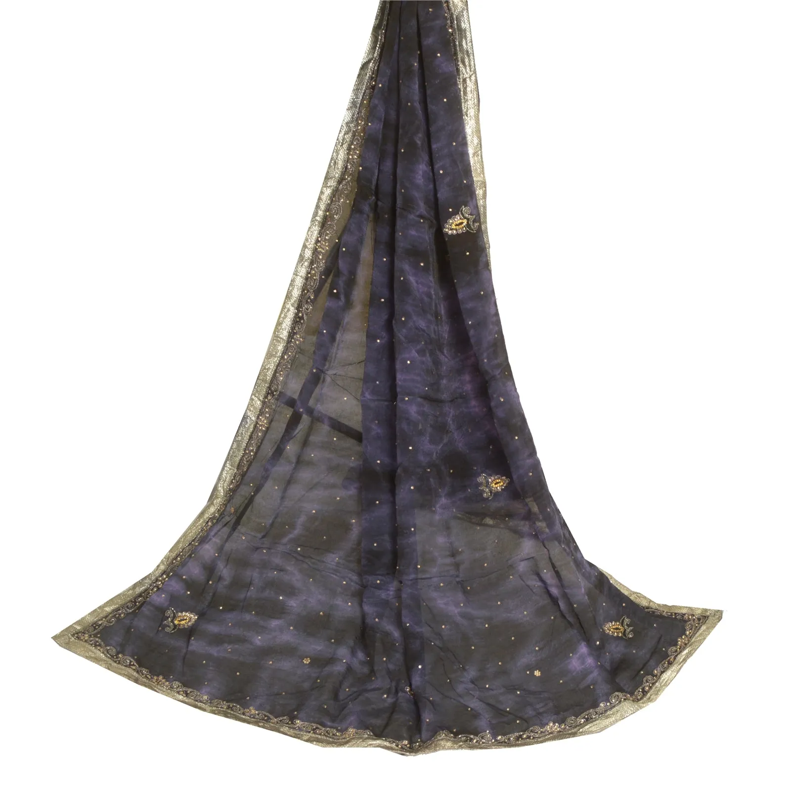 Sanskriti Vintage Purple/Blue Dupatta Long Stole Blend Silk Hand Beaded Tie-Dye