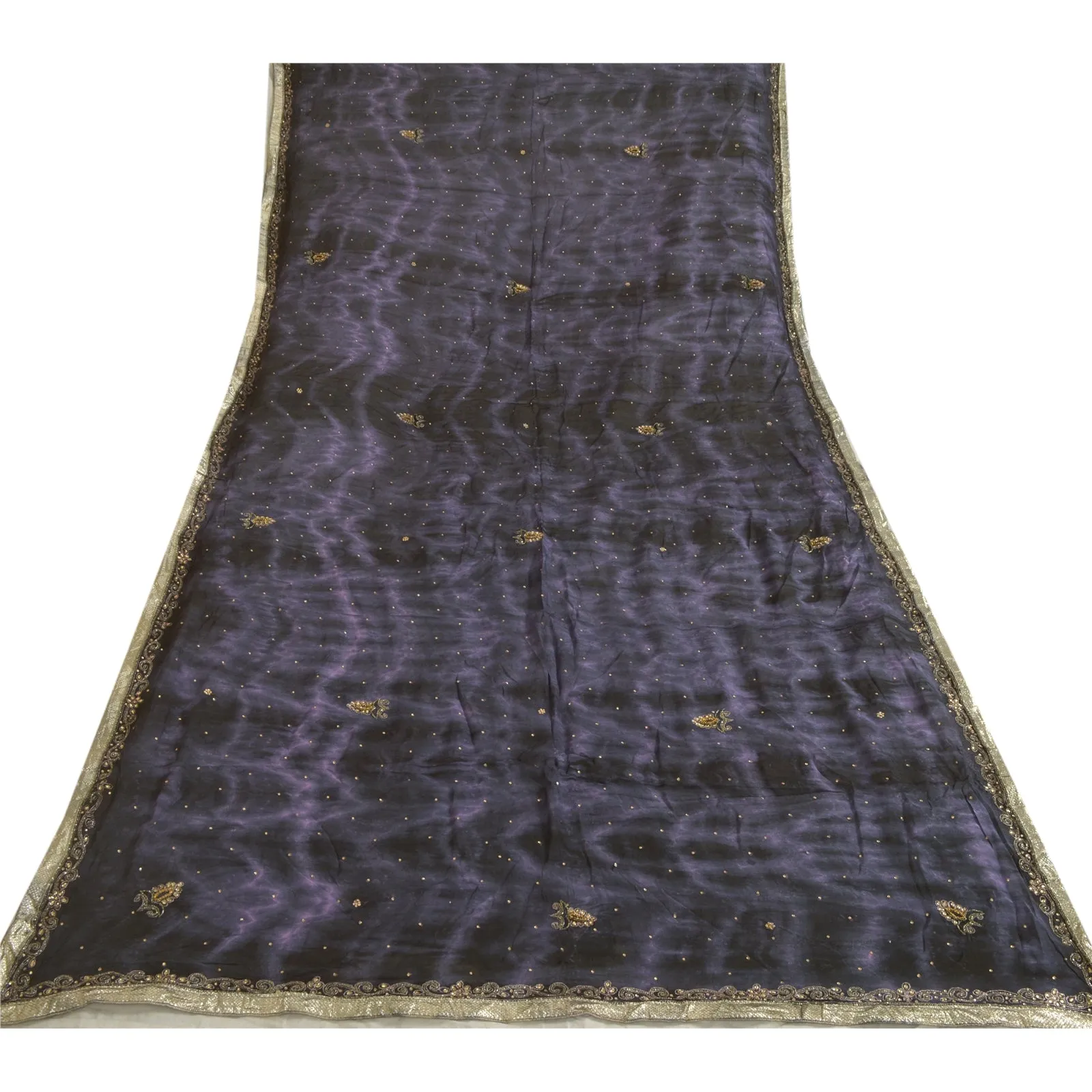 Sanskriti Vintage Purple/Blue Dupatta Long Stole Blend Silk Hand Beaded Tie-Dye