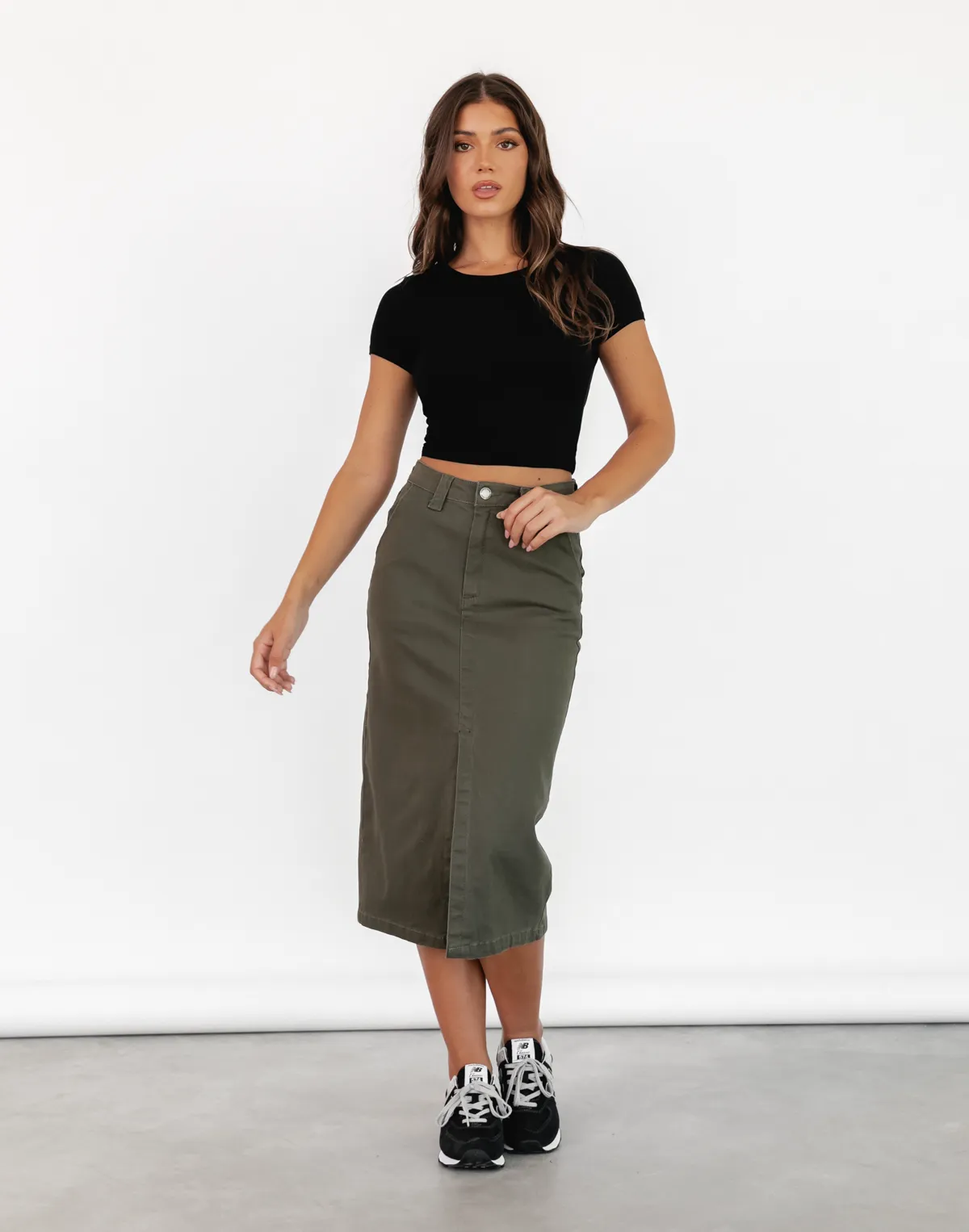 Scott Denim Midi Skirt (Khaki)