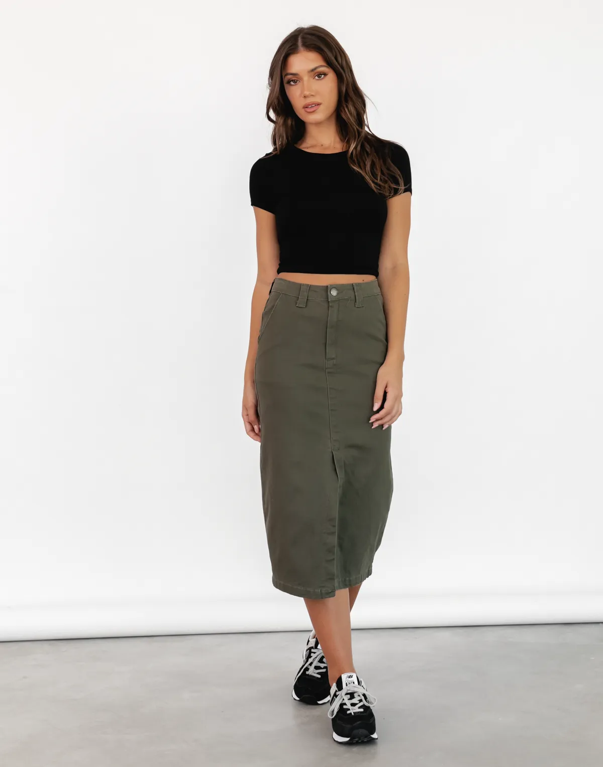 Scott Denim Midi Skirt (Khaki)