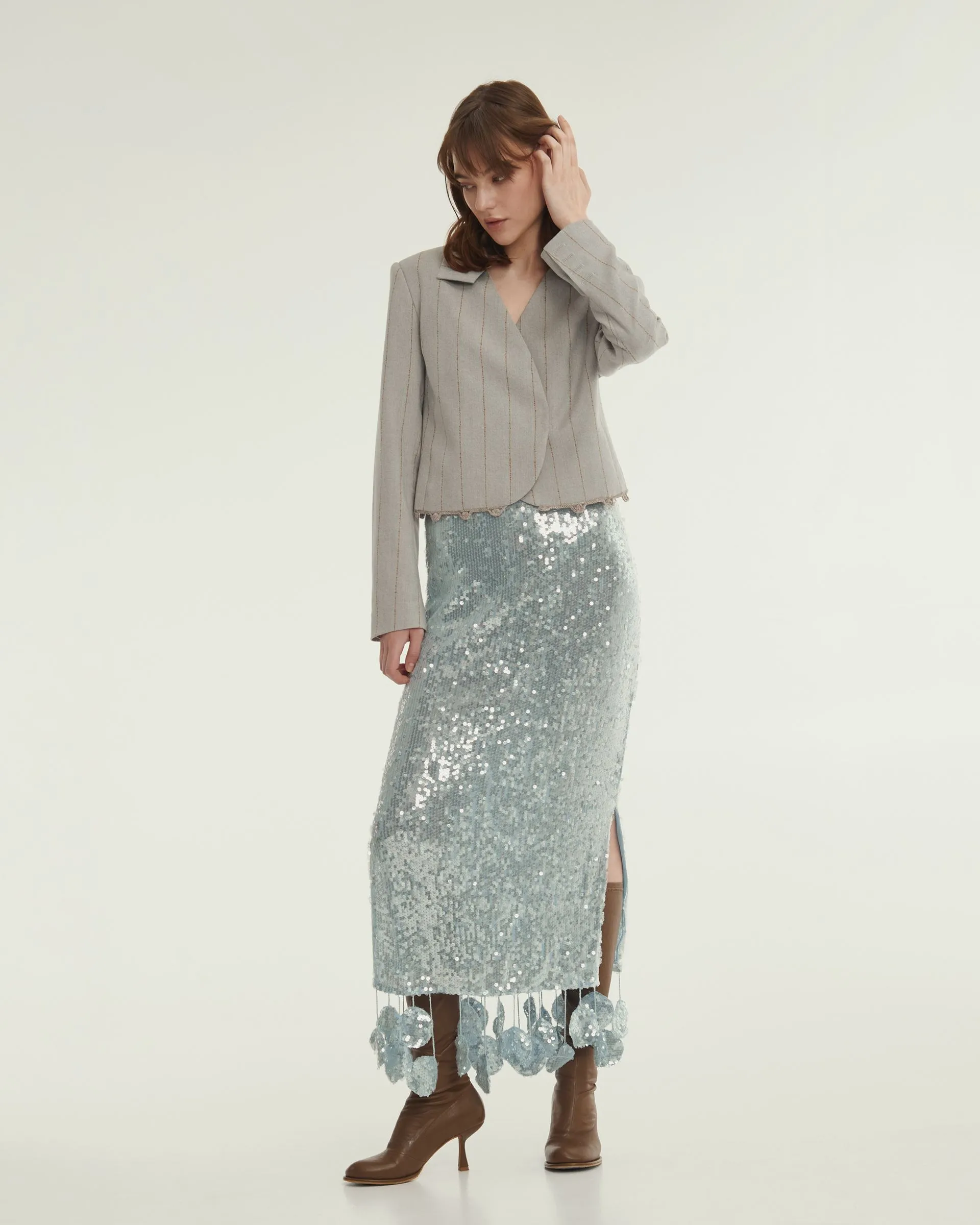 Sequin Midi Skirt in Light Blue