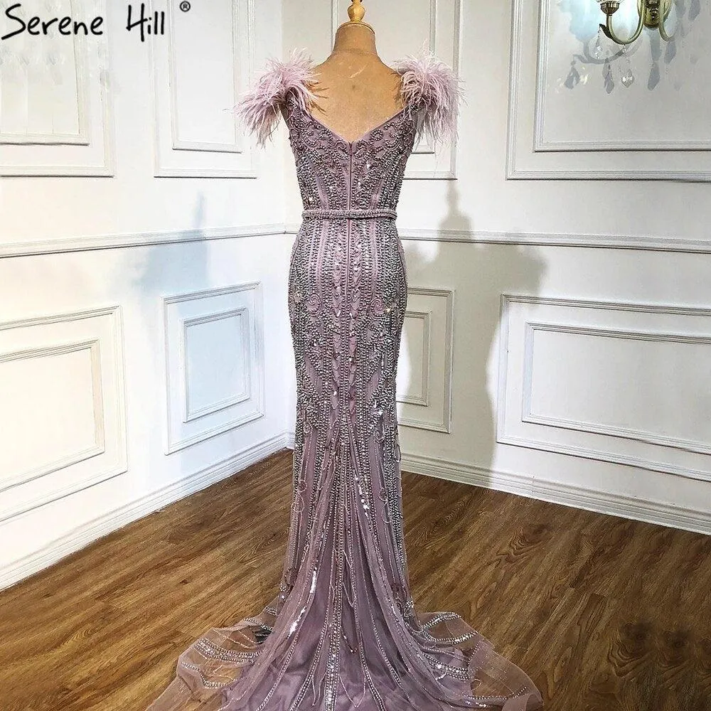 Serene Hill Nude Luxury Mermaid Evening Gown Feathers Beaded Sexy For Women Formal Party