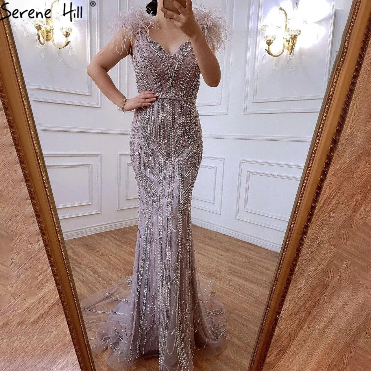 Serene Hill Nude Luxury Mermaid Evening Gown Feathers Beaded Sexy For Women Formal Party