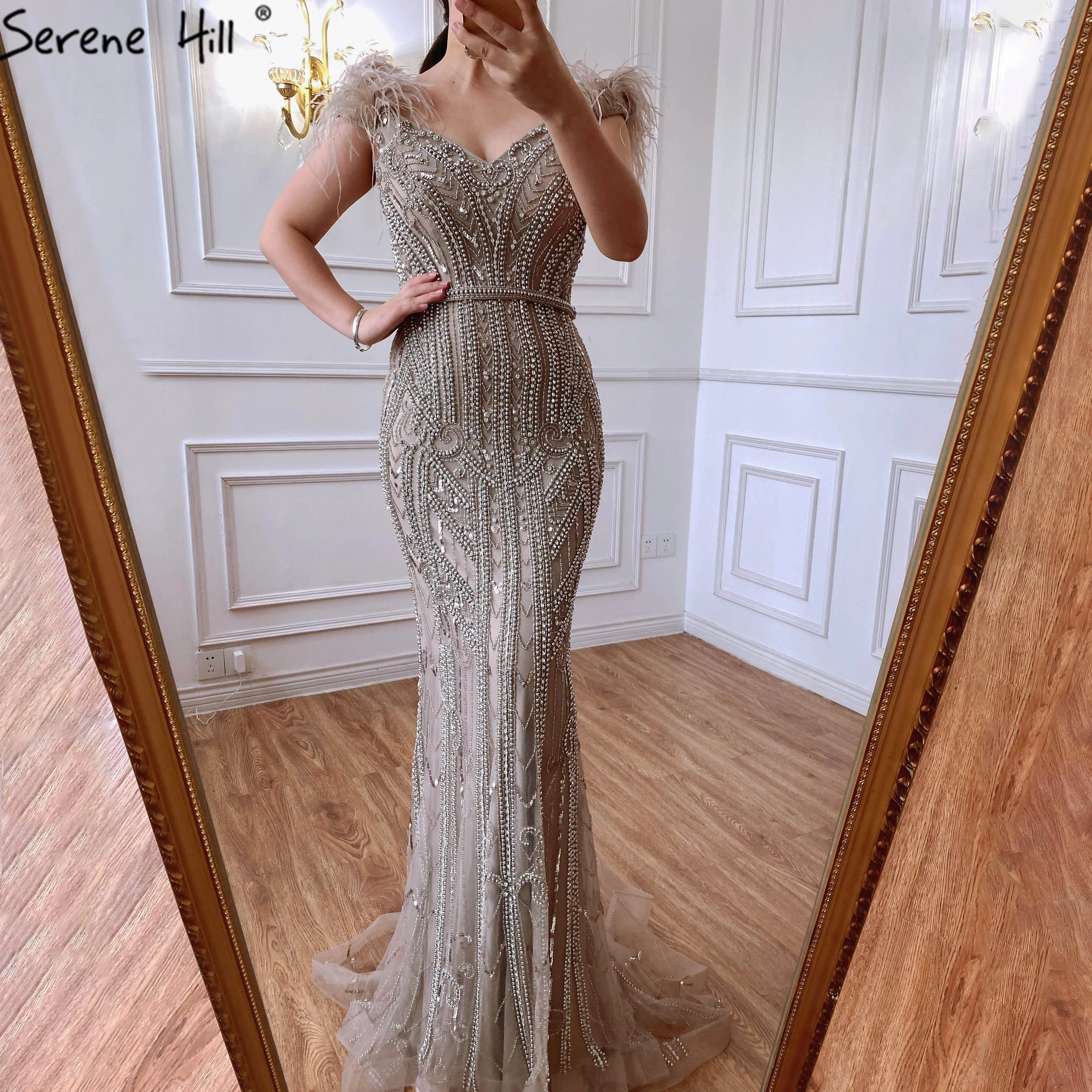 Serene Hill Nude Luxury Mermaid Evening Gown Feathers Beaded Sexy For Women Formal Party