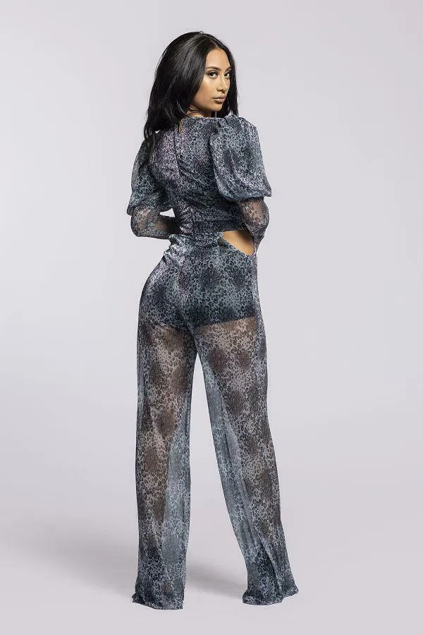 Sheer Animal Print Deep-V Wide-Leg Jumpsuit