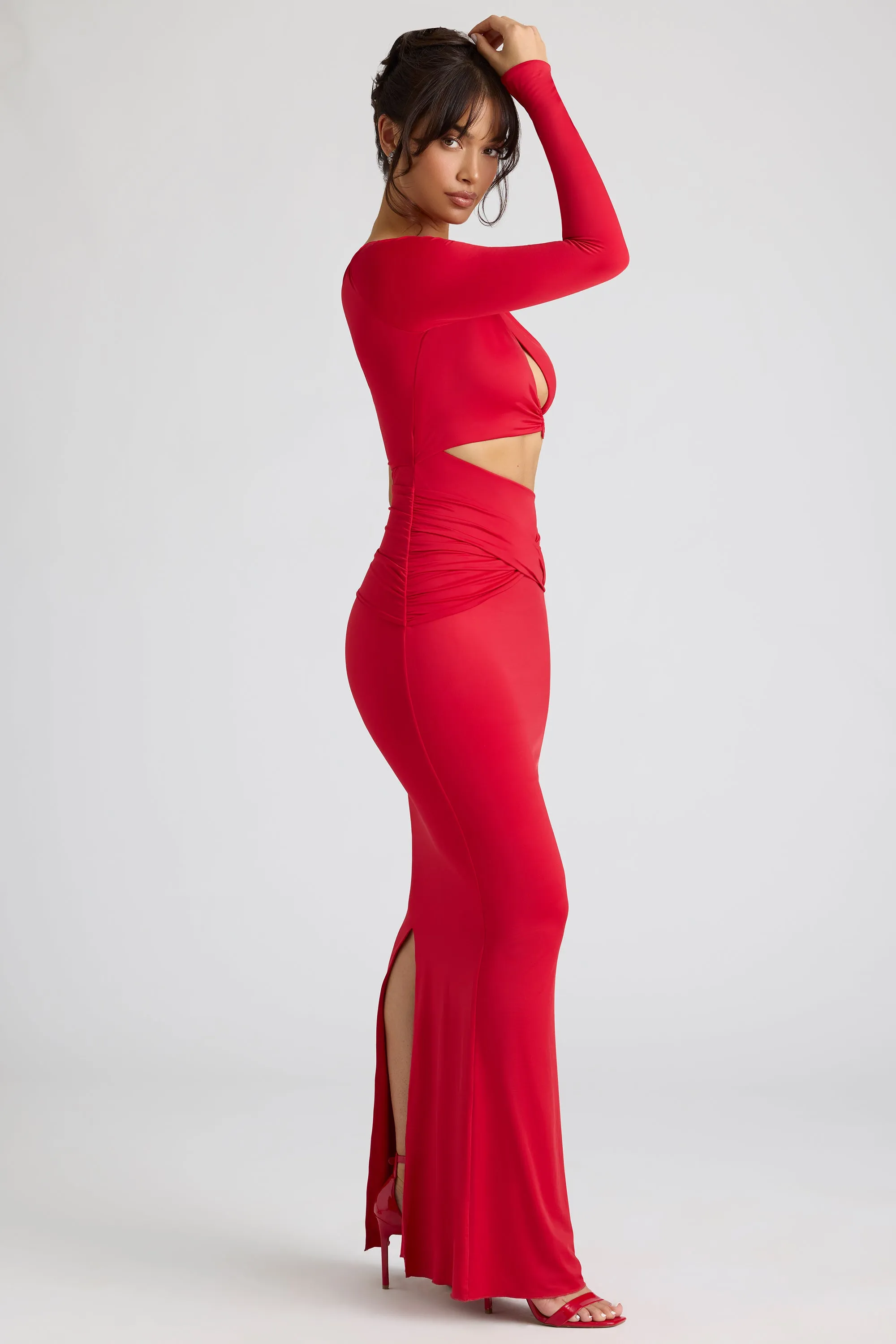 Single Sleeve Cut Out Evening Gown in Fire Red