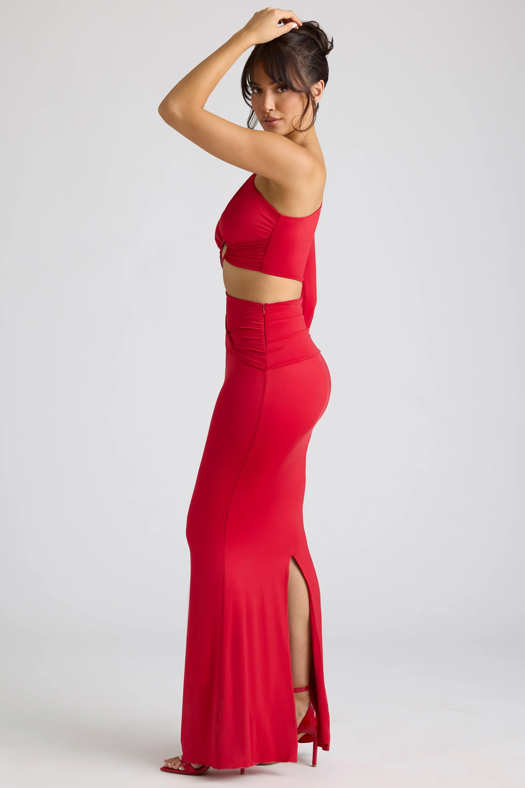 Single Sleeve Cut Out Evening Gown in Fire Red