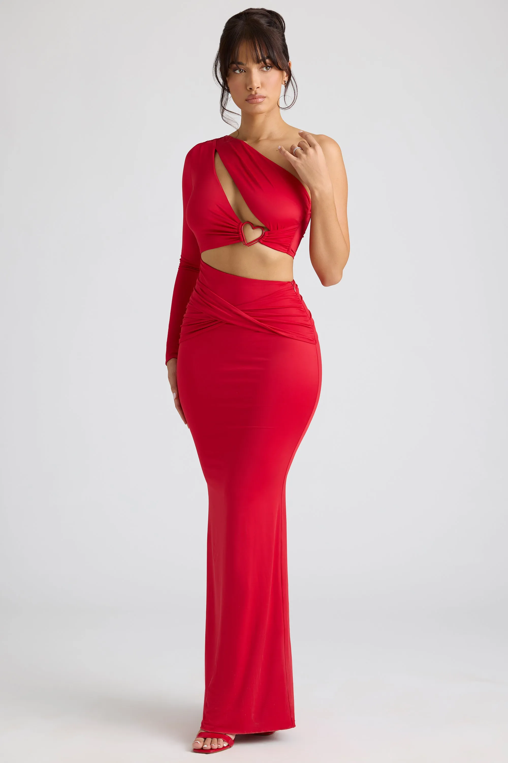 Single Sleeve Cut Out Evening Gown in Fire Red