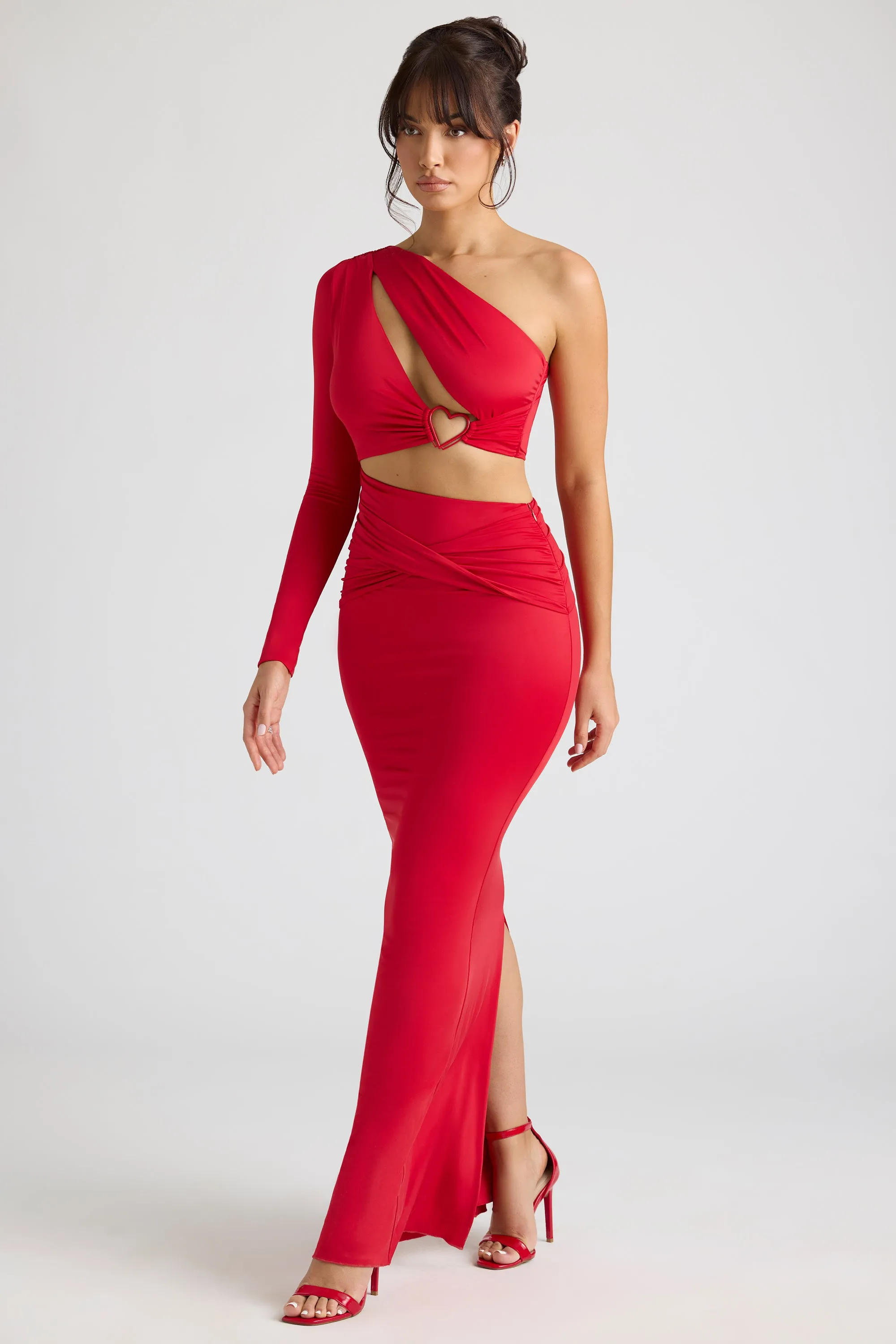 Single Sleeve Cut Out Evening Gown in Fire Red