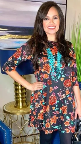 SMALL : Black Flutter Tunic Coral Floral print