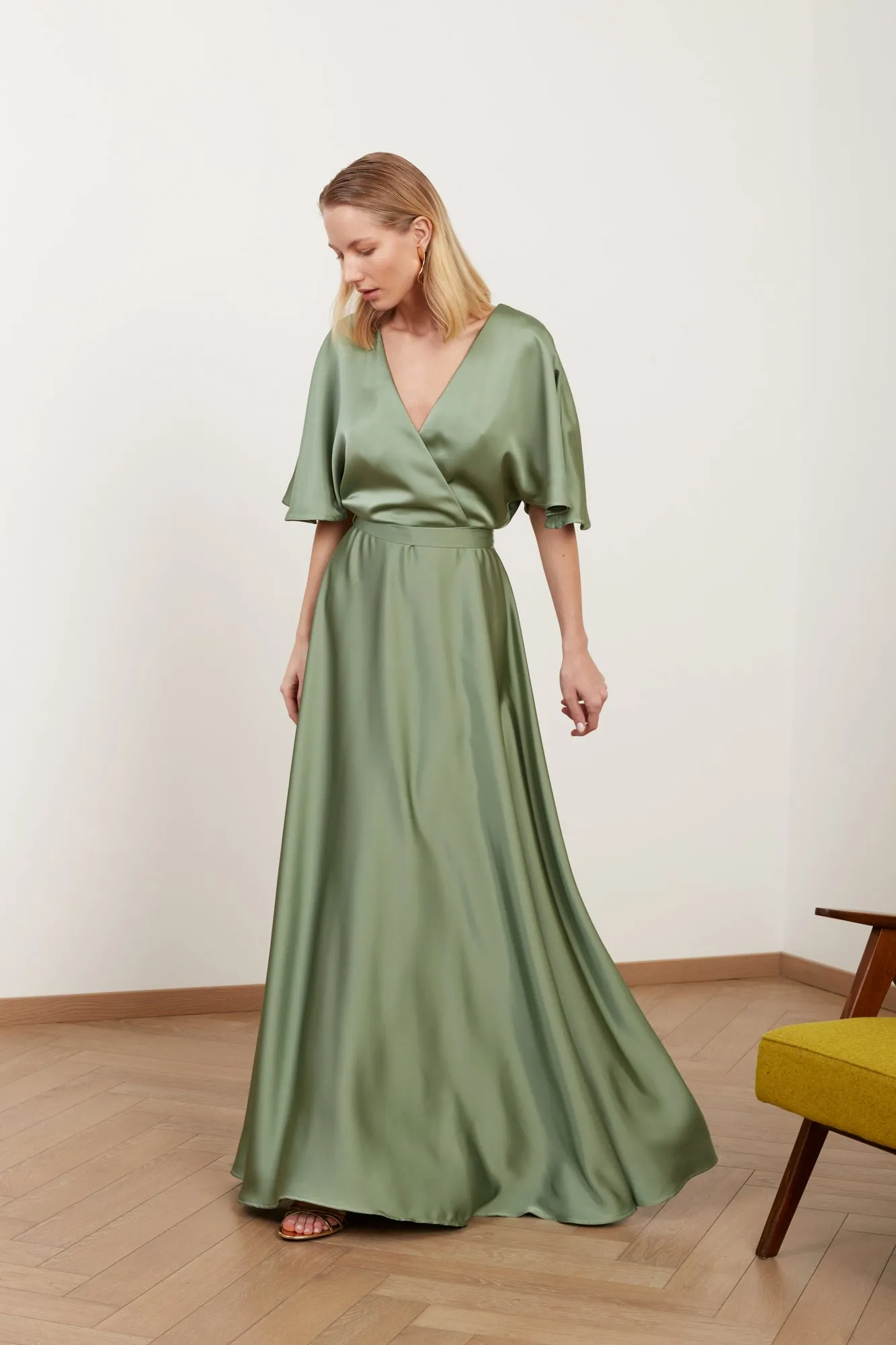 SOLENE sage green satin long wedding guest dress