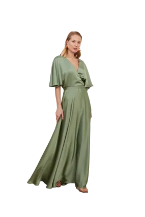 SOLENE sage green satin long wedding guest dress