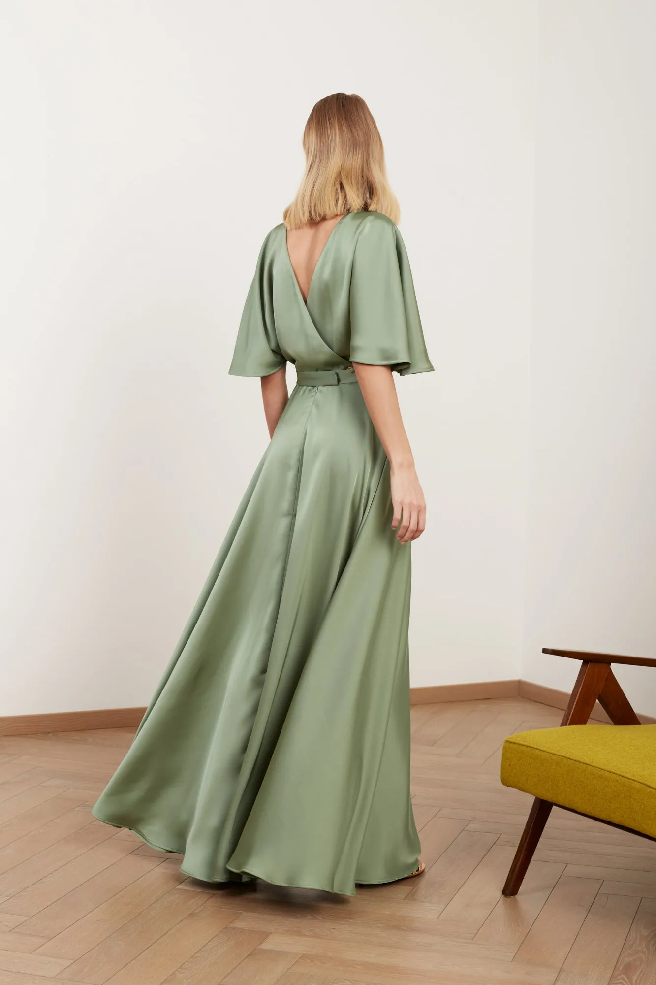 SOLENE sage green satin long wedding guest dress