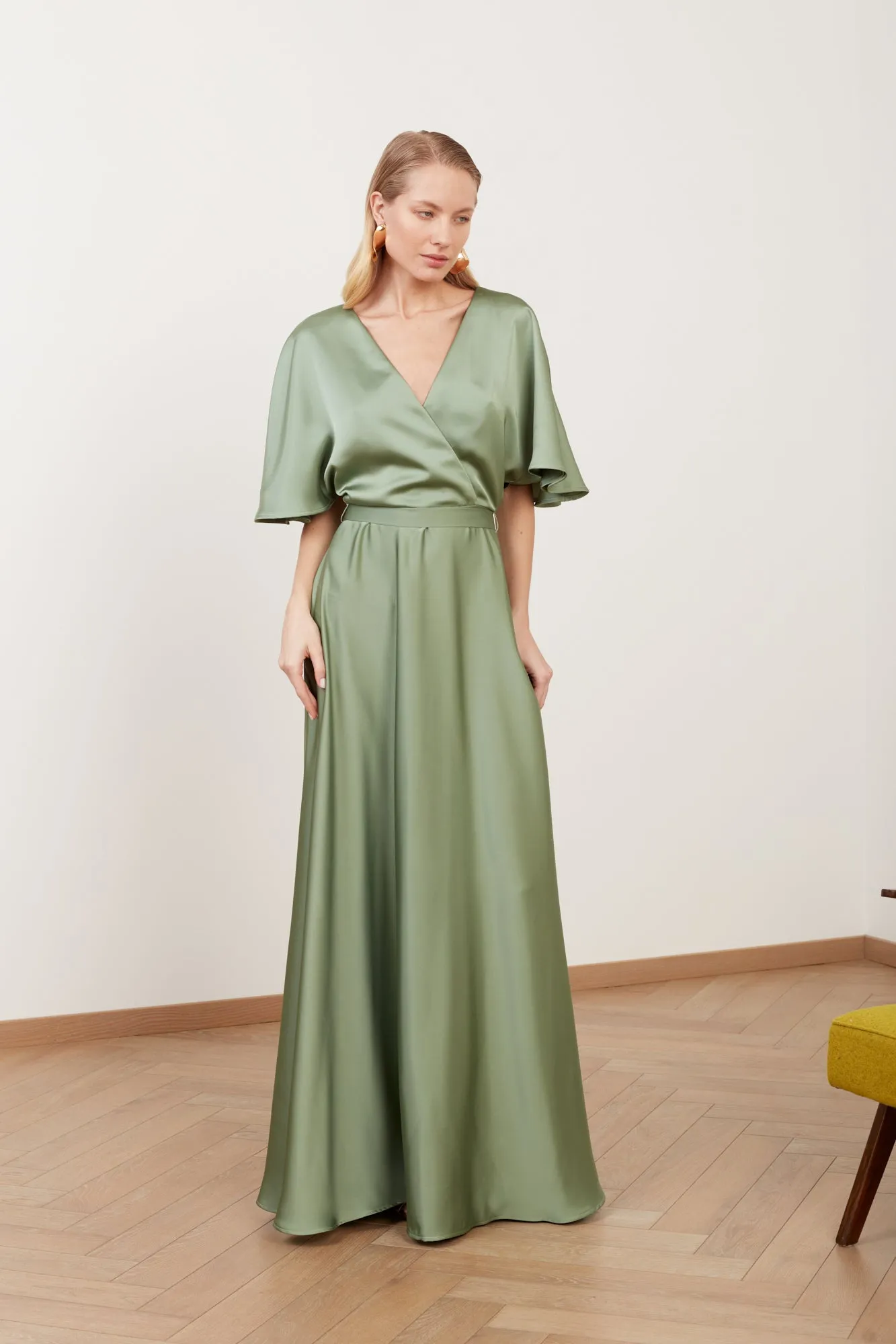 SOLENE sage green satin long wedding guest dress