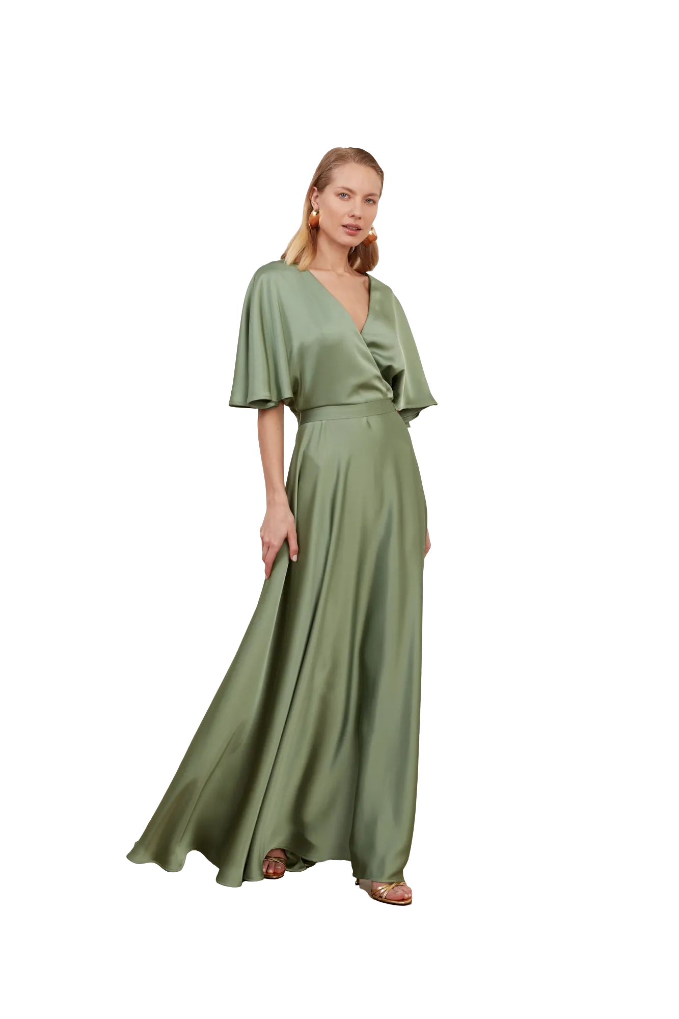 SOLENE sage green satin long wedding guest dress