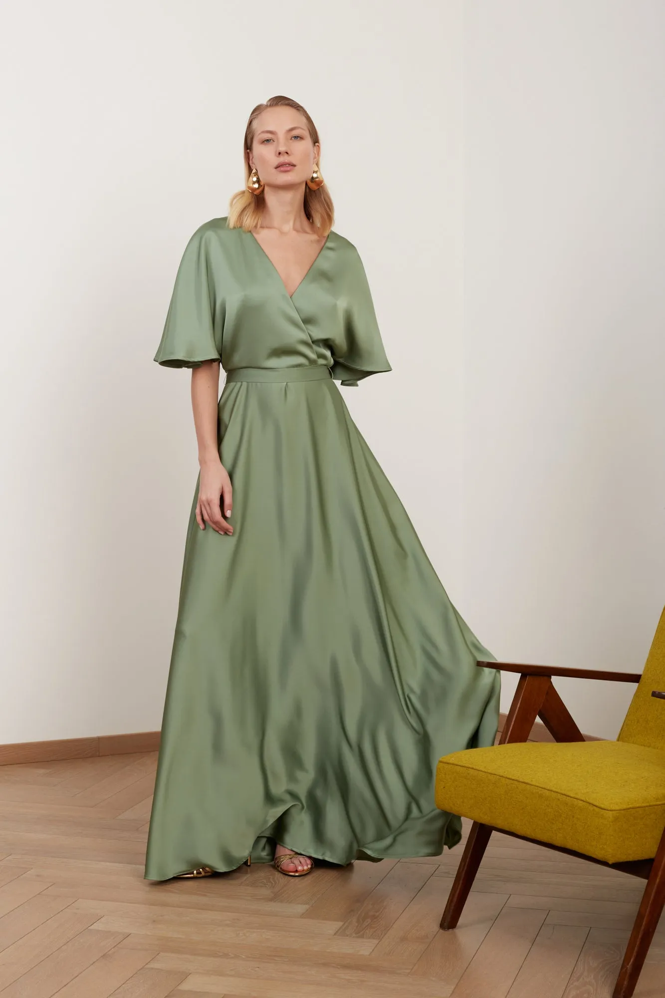 SOLENE sage green satin long wedding guest dress