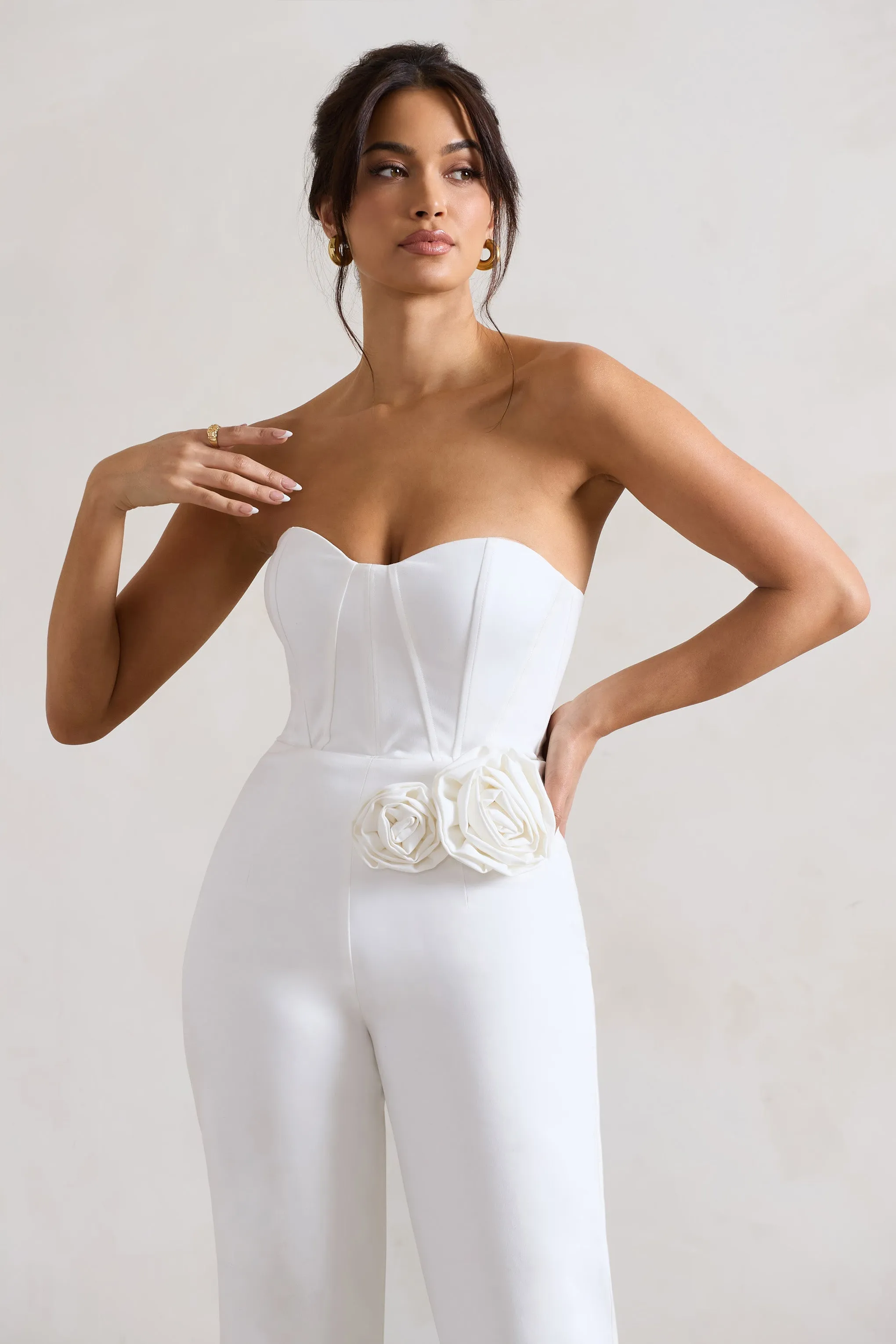 Sonia | White Sweetheart Corset Straight-Leg Jumpsuit With Flowers