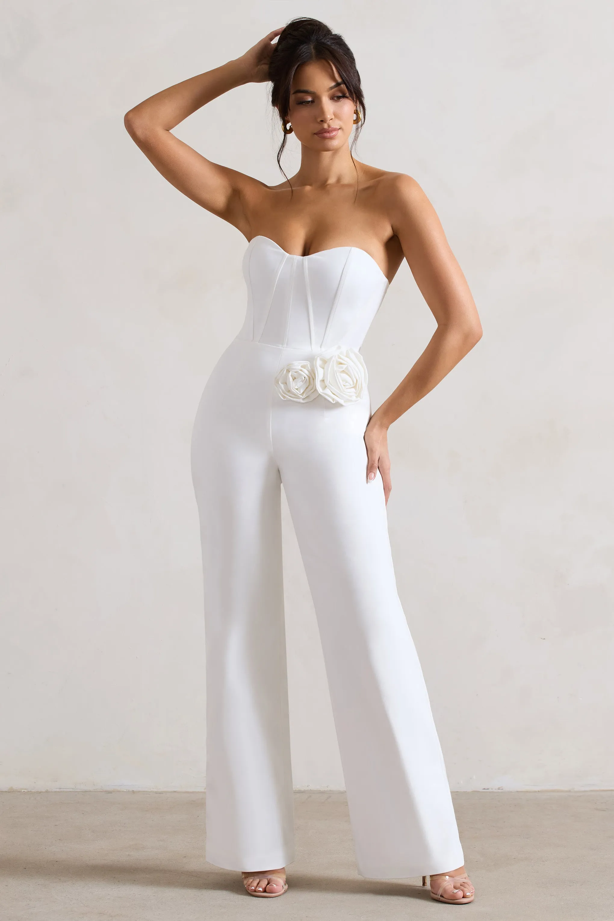 Sonia | White Sweetheart Corset Straight-Leg Jumpsuit With Flowers