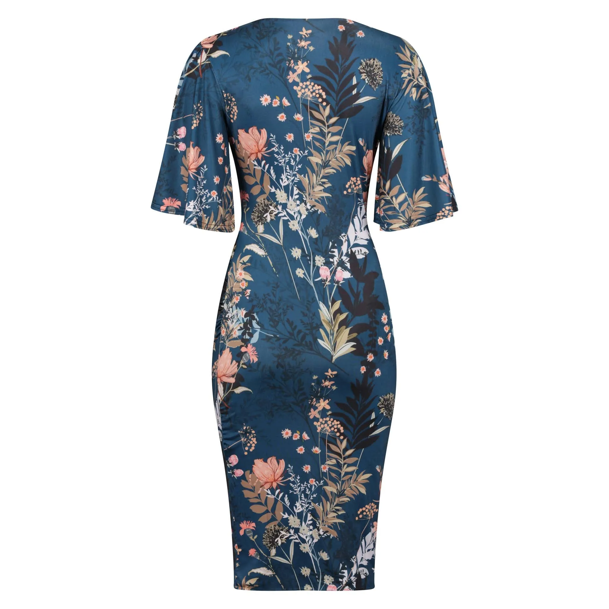 Teal Green Floral Butterfly Sleeve Slinky Pencil Cocktail Dress