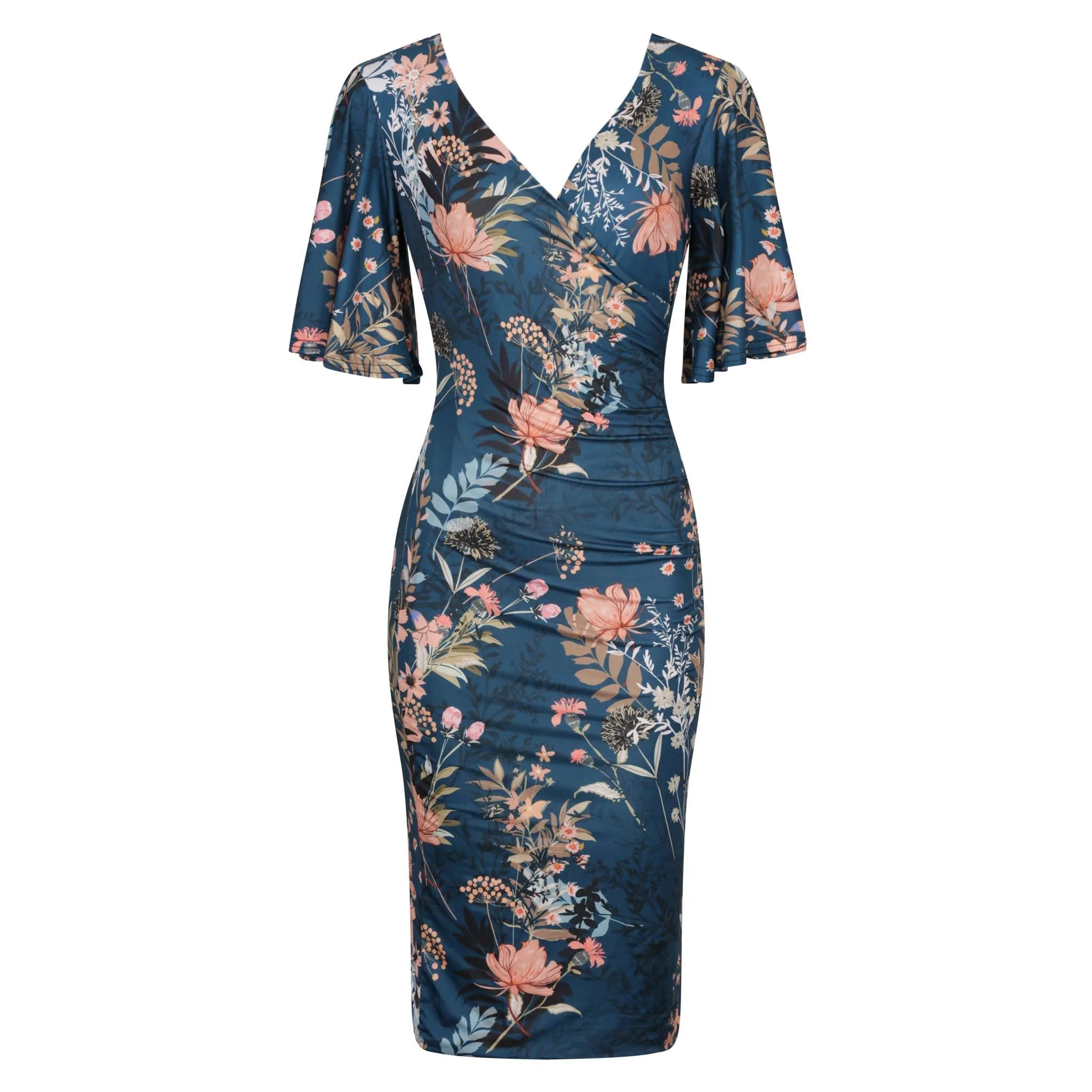 Teal Green Floral Butterfly Sleeve Slinky Pencil Cocktail Dress