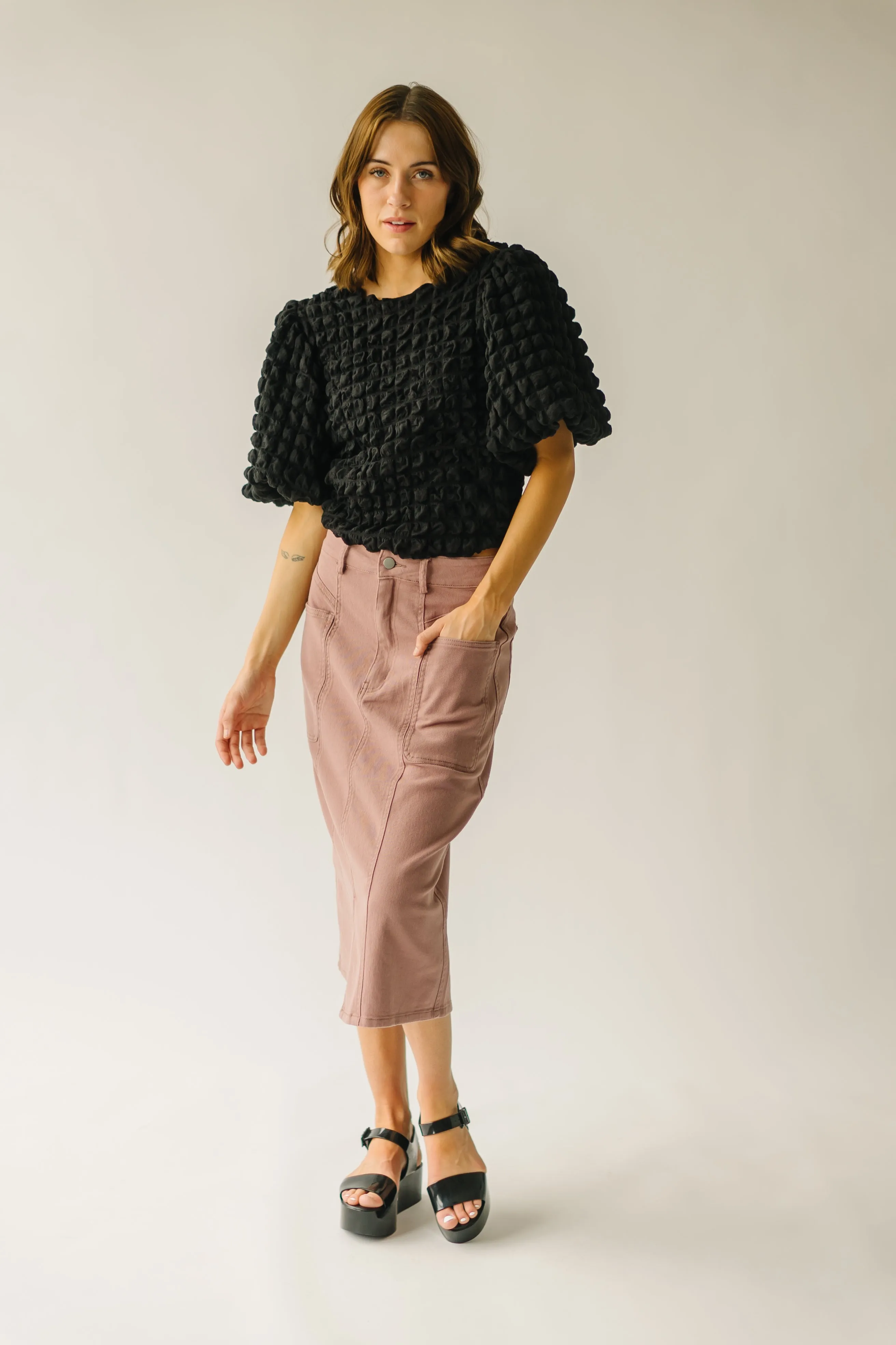 The Romford Denim Pencil Skirt in Mauve