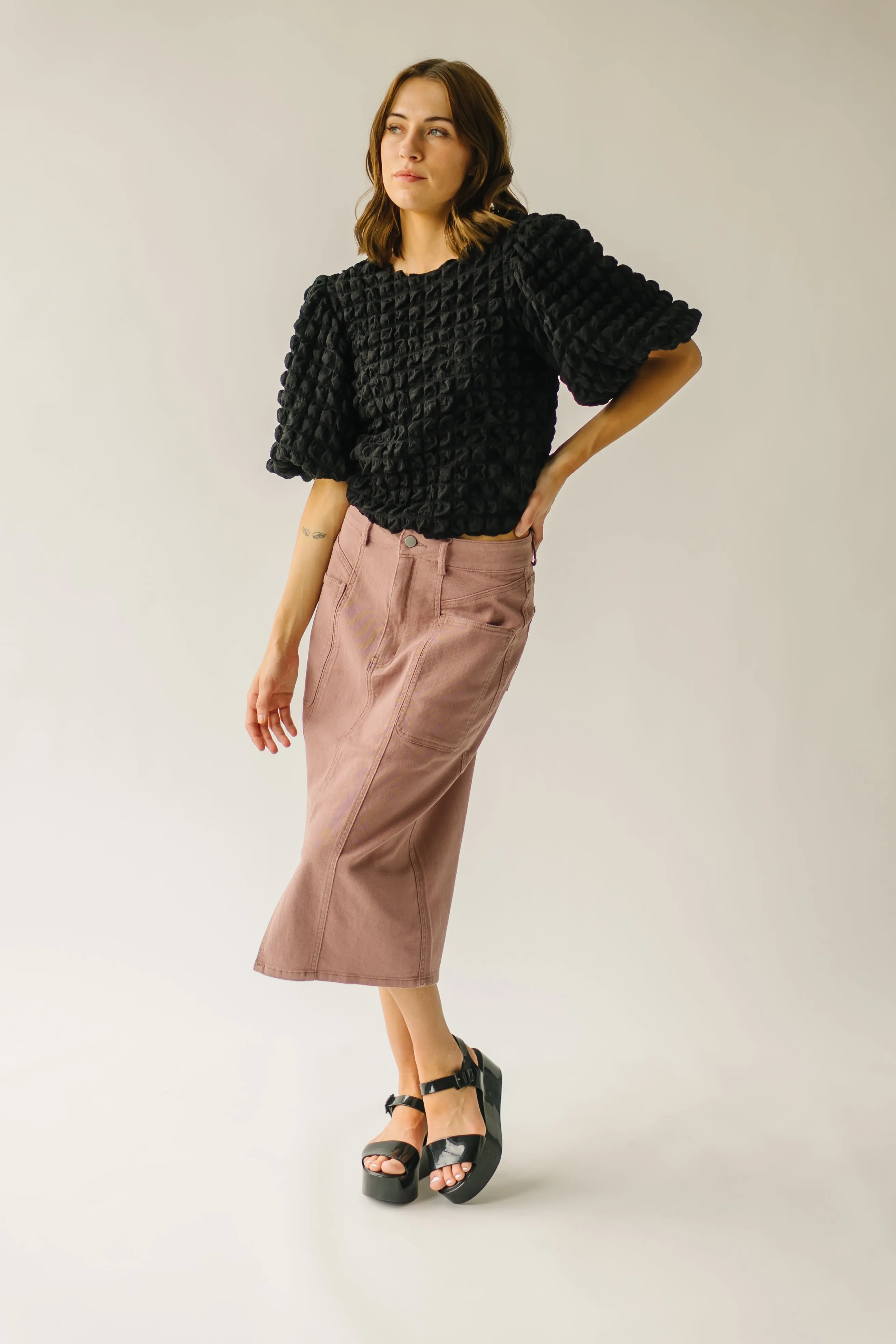 The Romford Denim Pencil Skirt in Mauve