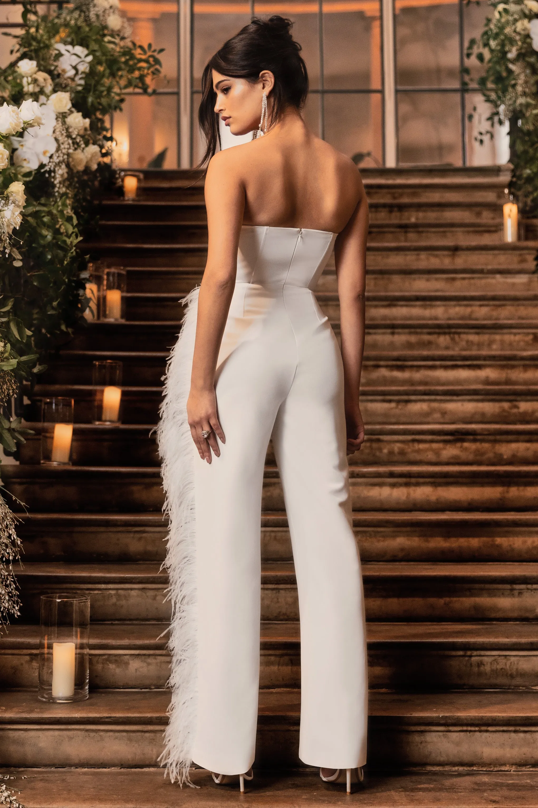 Topic Of Talk | White Strapless Bandeau Wide-Leg Jumpsuit With Feather Trim