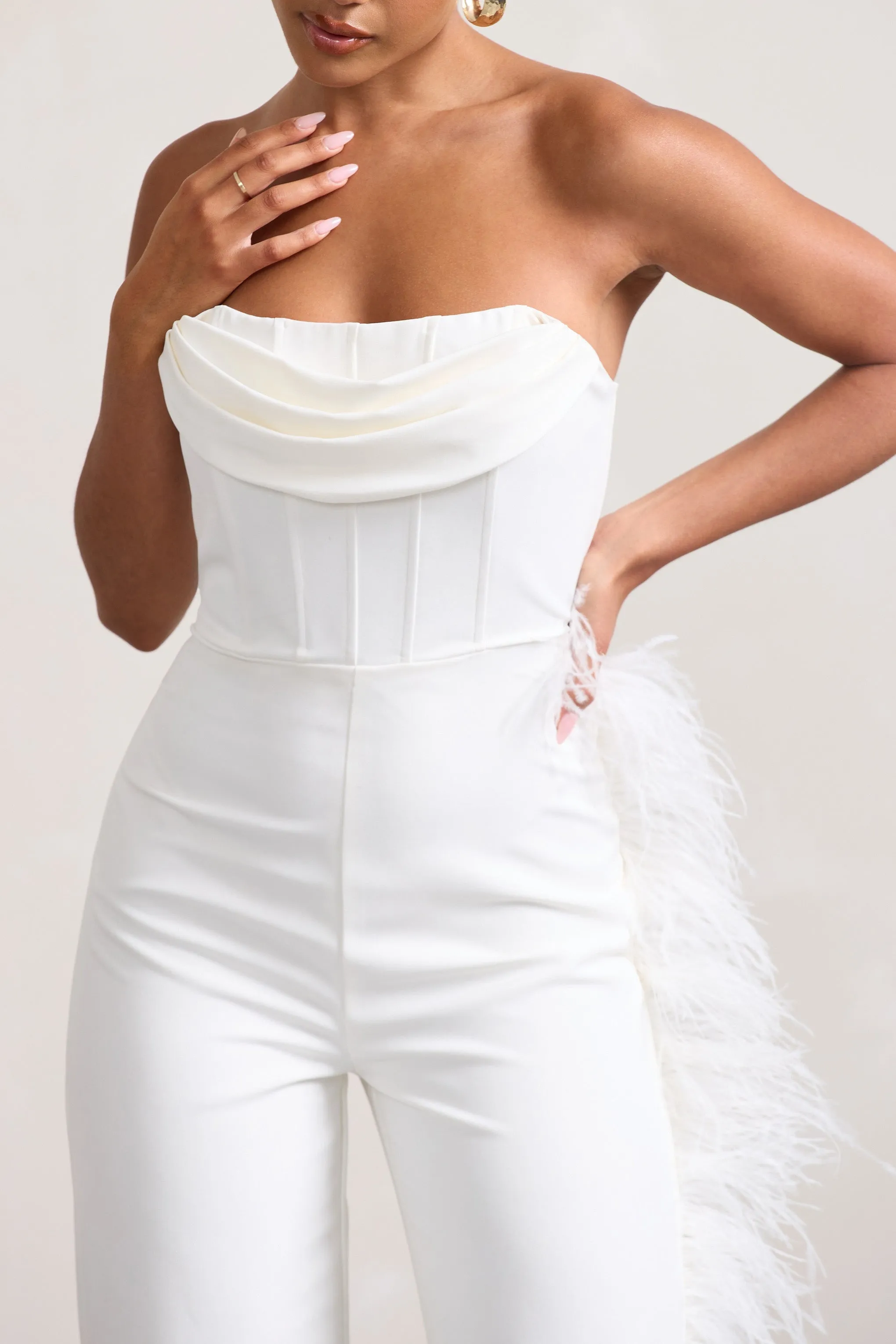 Topic Of Talk | White Strapless Bandeau Wide-Leg Jumpsuit With Feather Trim