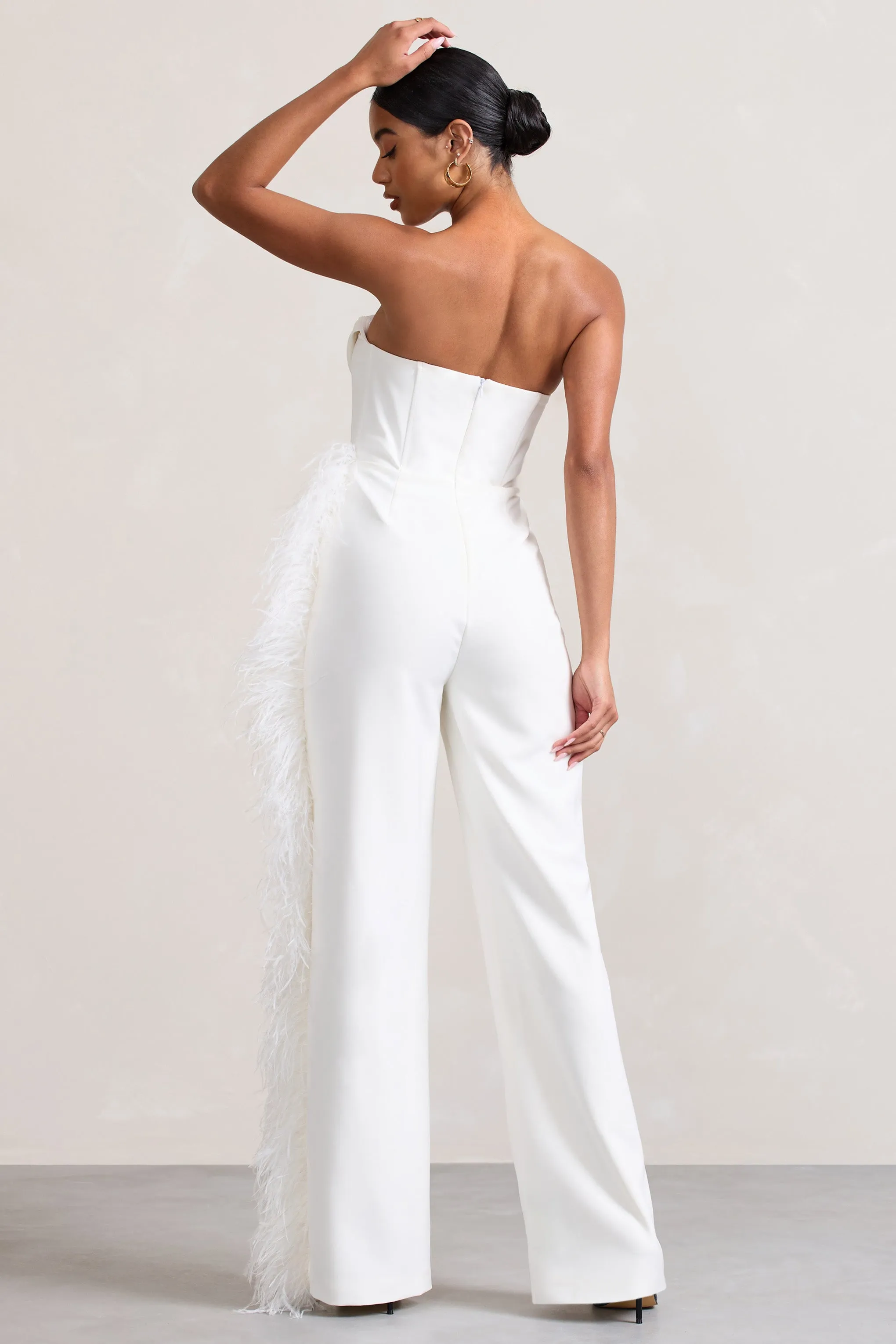 Topic Of Talk | White Strapless Bandeau Wide-Leg Jumpsuit With Feather Trim