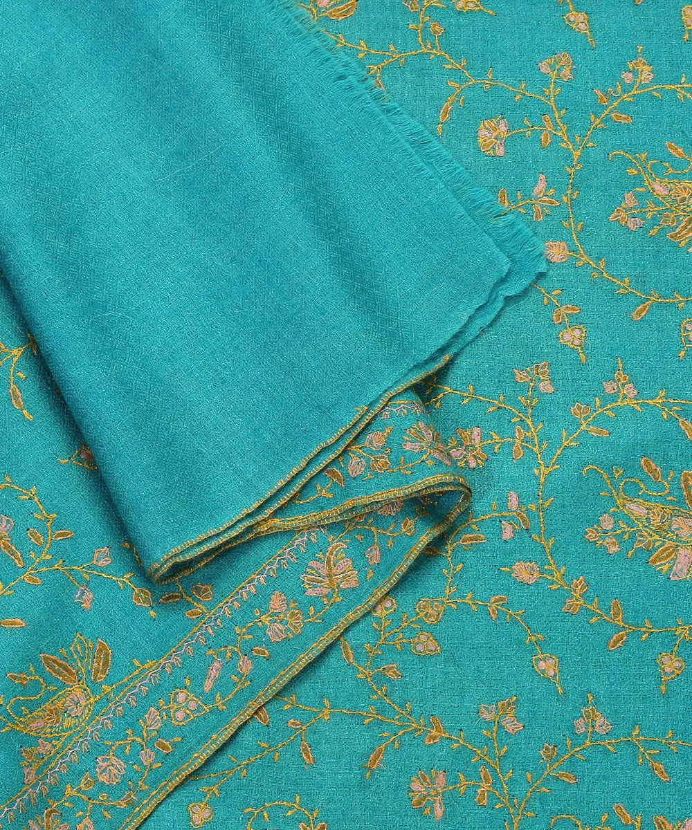 Turquoise Handwoven Pure pashmina Stole with Sozni Jaal Embroidery