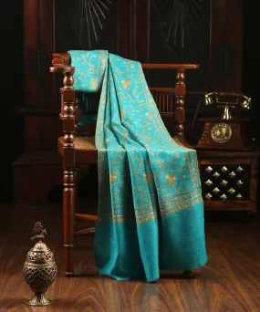 Turquoise Handwoven Pure pashmina Stole with Sozni Jaal Embroidery