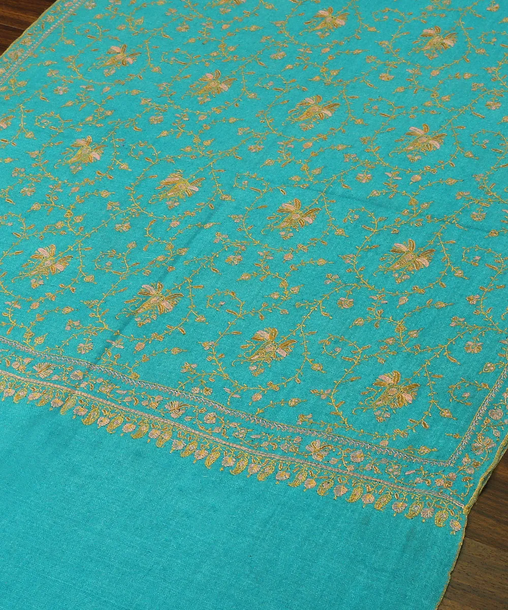 Turquoise Handwoven Pure pashmina Stole with Sozni Jaal Embroidery