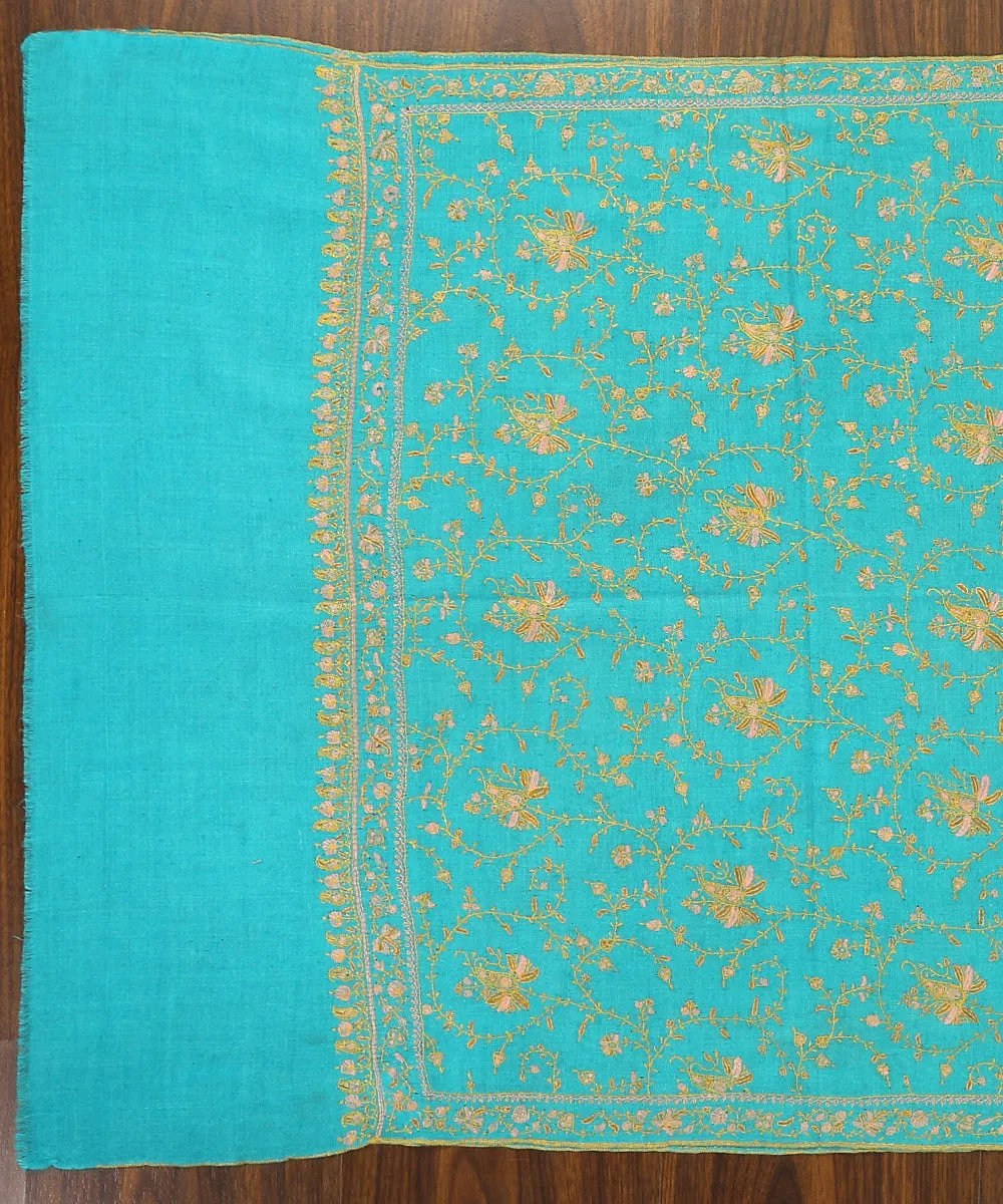 Turquoise Handwoven Pure pashmina Stole with Sozni Jaal Embroidery