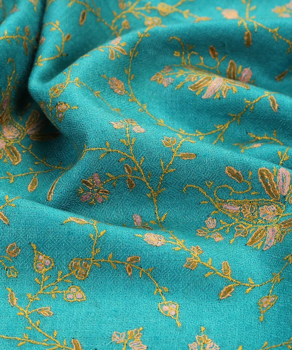 Turquoise Handwoven Pure pashmina Stole with Sozni Jaal Embroidery