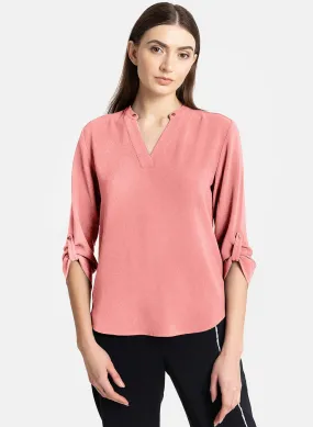 V-Neck Top With Turn-Up Sleeves