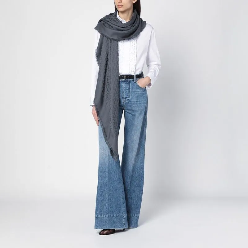 VALENTINO GARAVANI Elegant Stone Grey Wool-Silk Stole with Jacquard Detail