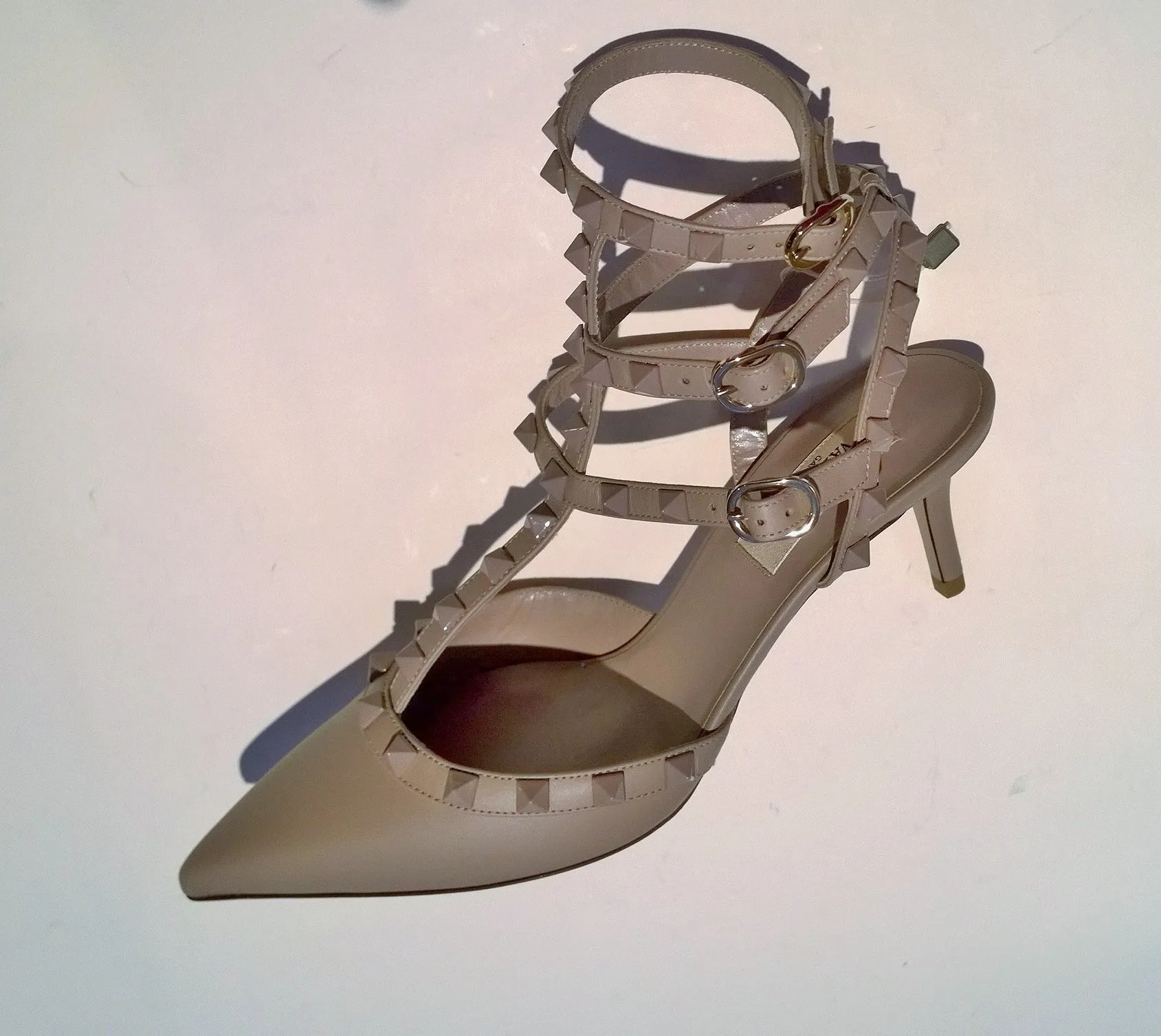 Valentino Garavani Poudre Leather Matte Rockstud Dusty Beige Heels