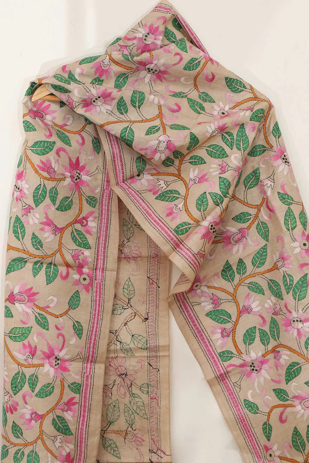 Vibrant Kantha Gachi Tussar Silk Stole with Embroidery