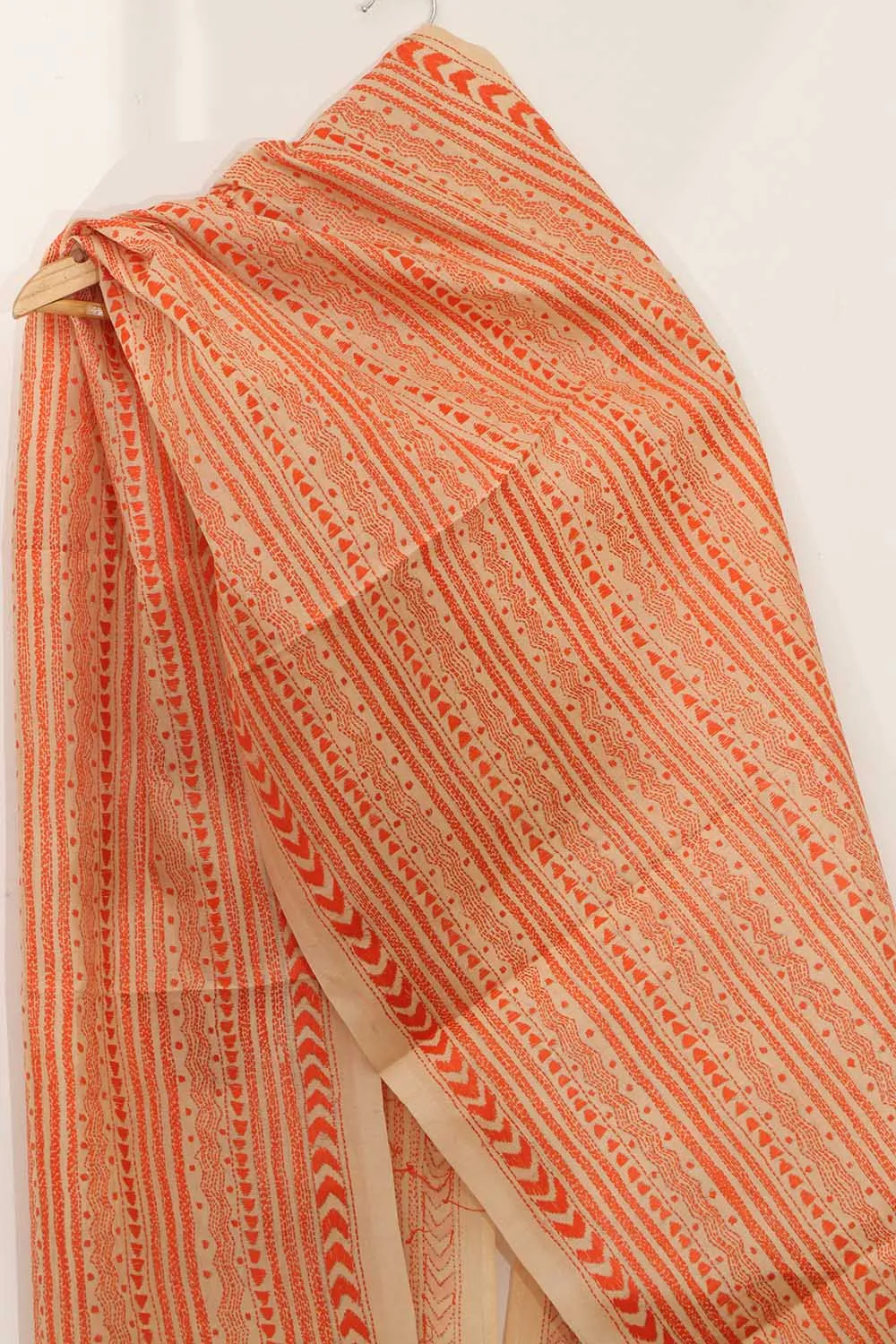 Vibrant Orange Kantha Silk Stole with Hand Embroidery