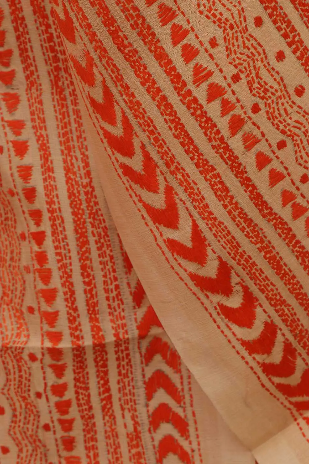 Vibrant Orange Kantha Silk Stole with Hand Embroidery