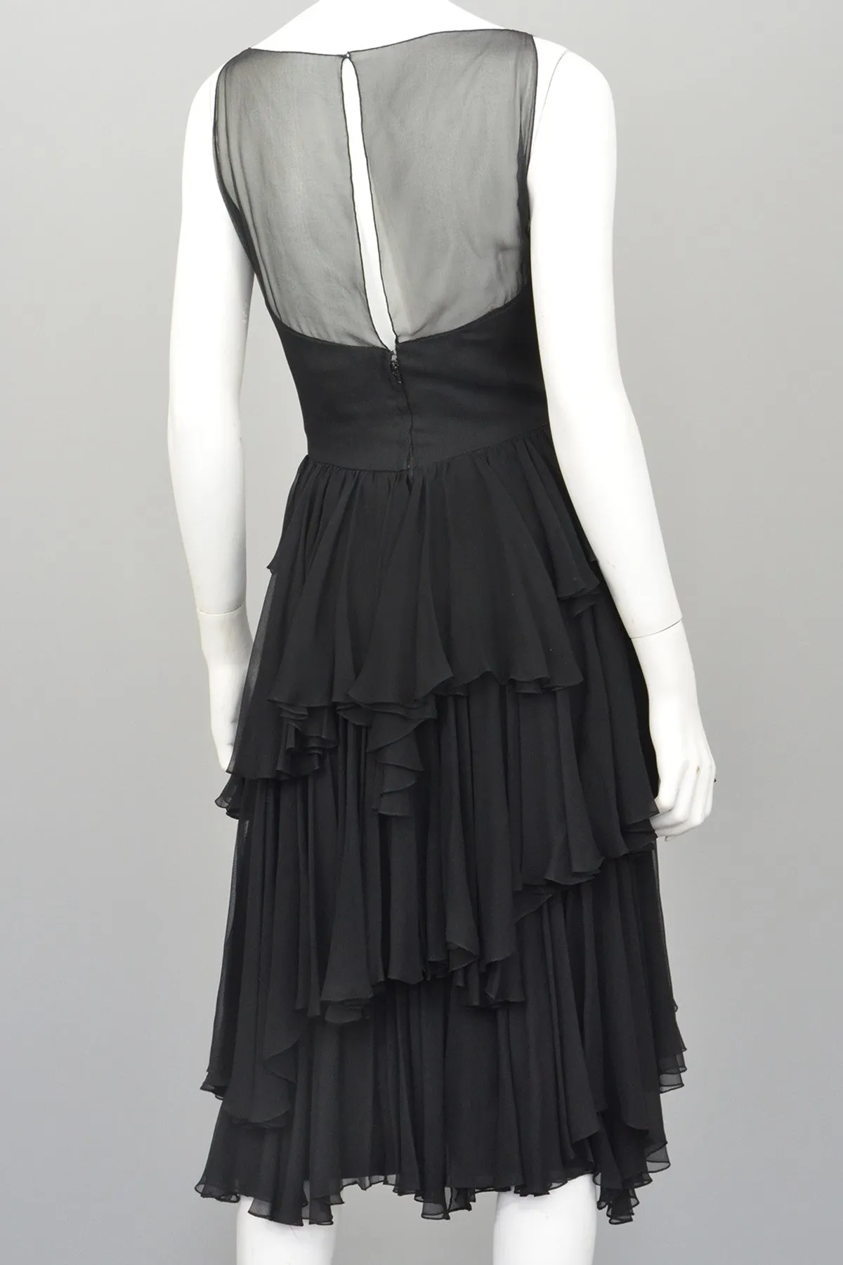 Vintage 1960s Black Chiffon Tiered Skirt Cocktail Dress