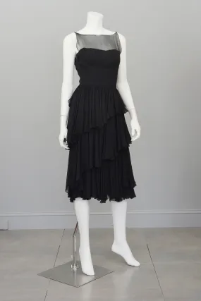 Vintage 1960s Black Chiffon Tiered Skirt Cocktail Dress