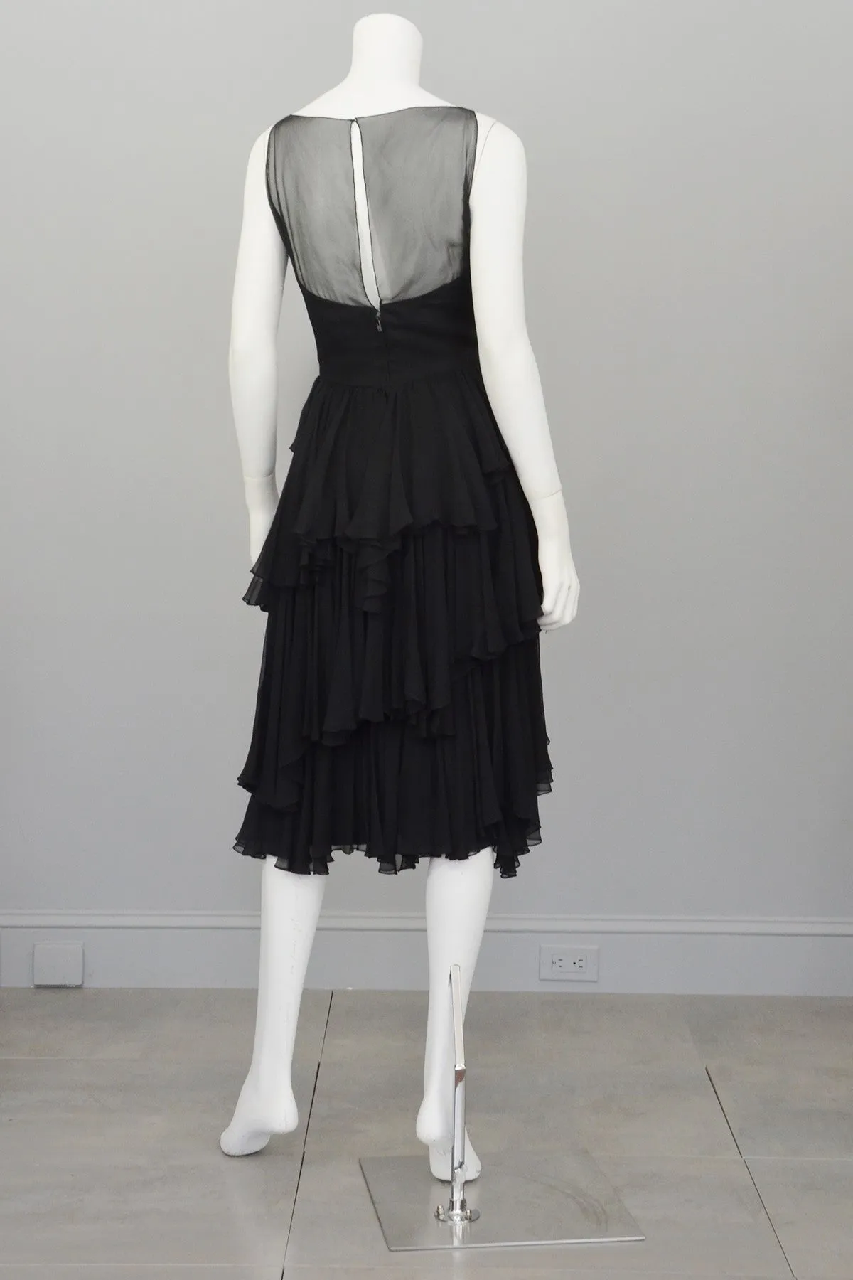 Vintage 1960s Black Chiffon Tiered Skirt Cocktail Dress