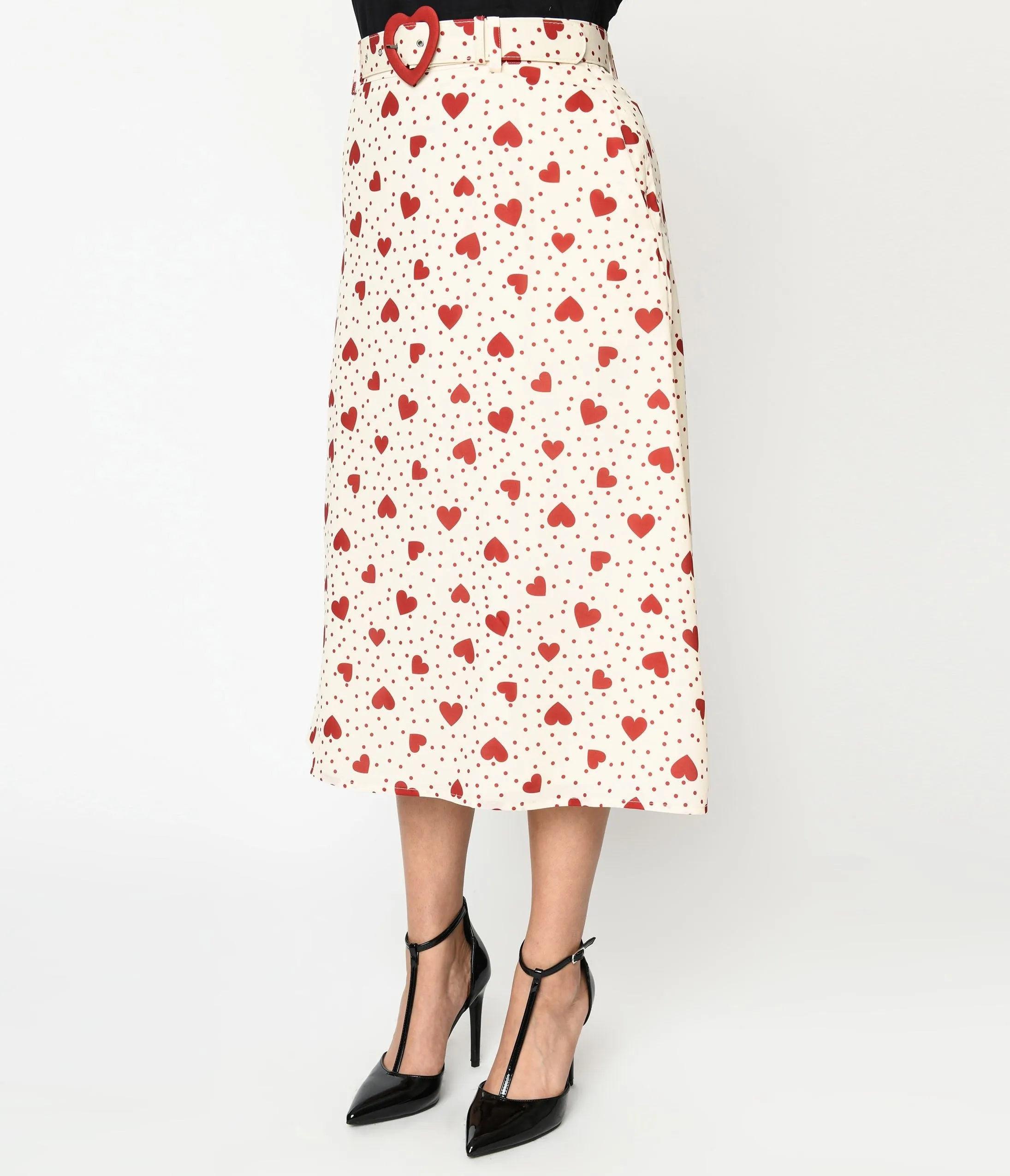 Voodoo Vixen 1940s Cream & Heart Polka Dot Midi Skirt