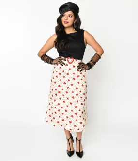 Voodoo Vixen 1940s Cream & Heart Polka Dot Midi Skirt