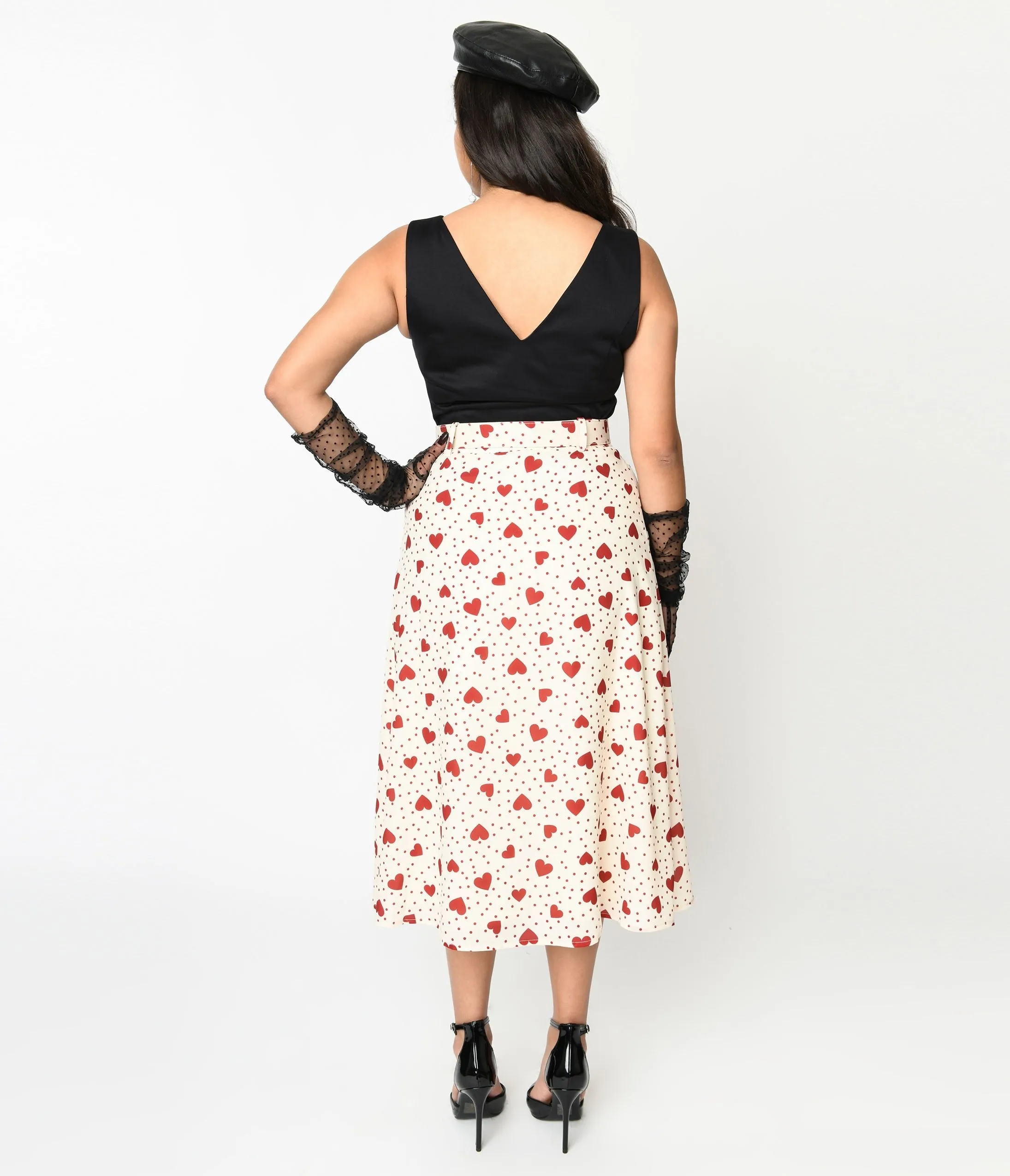 Voodoo Vixen 1940s Cream & Heart Polka Dot Midi Skirt