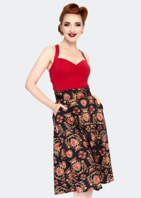 Voodoo Vixen Queen Of Sacred Hearts 40's Midi Skirt Black