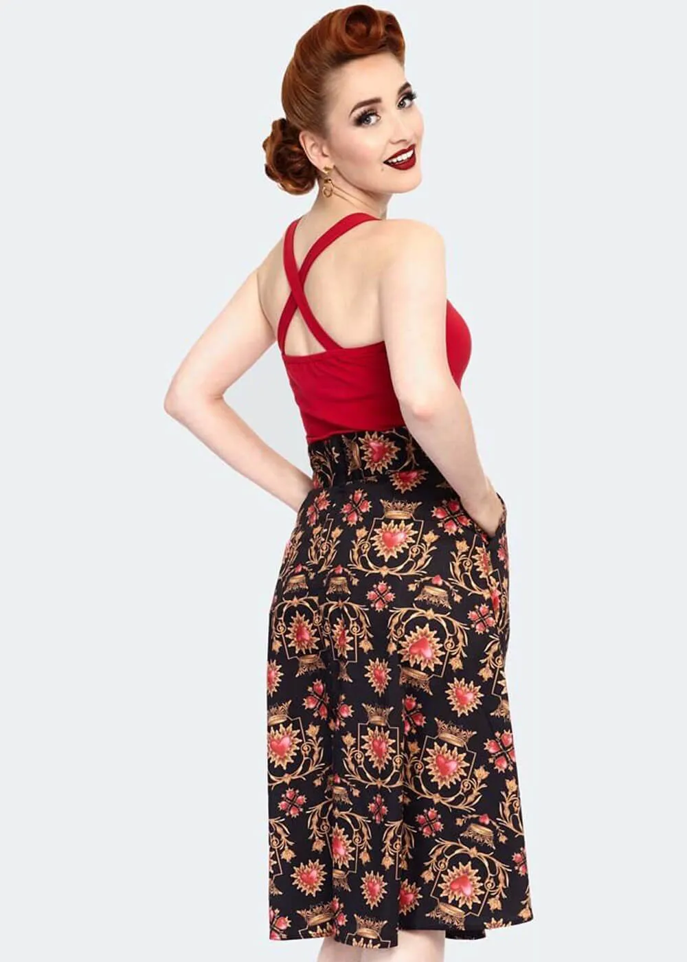 Voodoo Vixen Queen Of Sacred Hearts 40's Midi Skirt Black