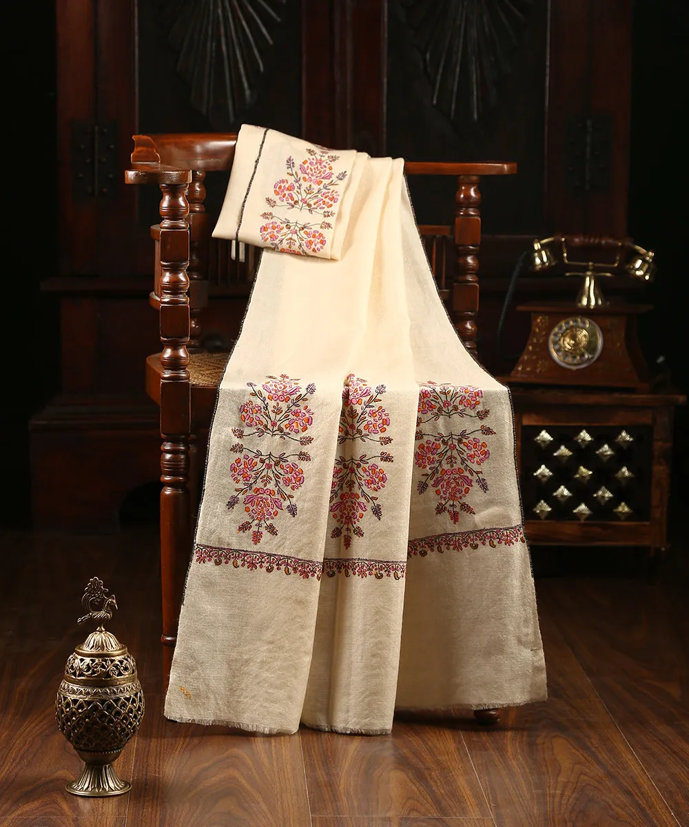 White Handwoven Pure Pashmina Stole with Gulabkari and Mughal Motif