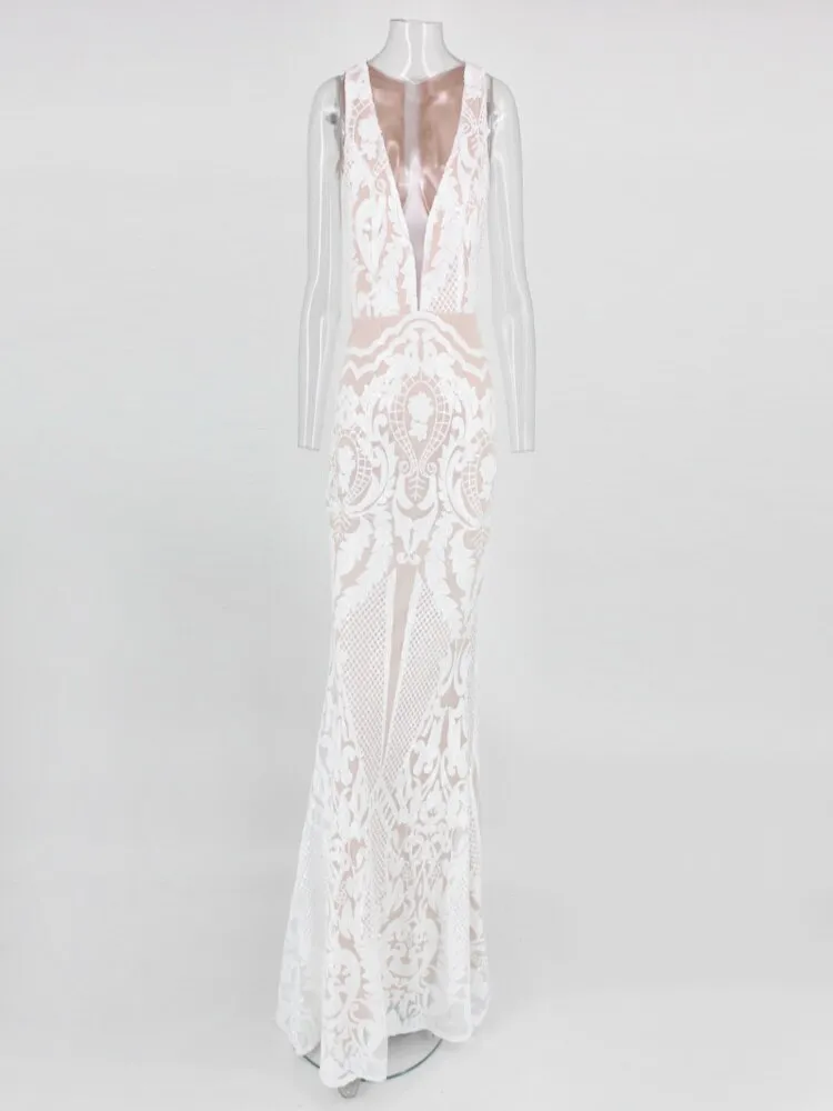 White lace dress, double layer dress, deep beak collar, sexy, Maxi, long, thin, Party evening dress,